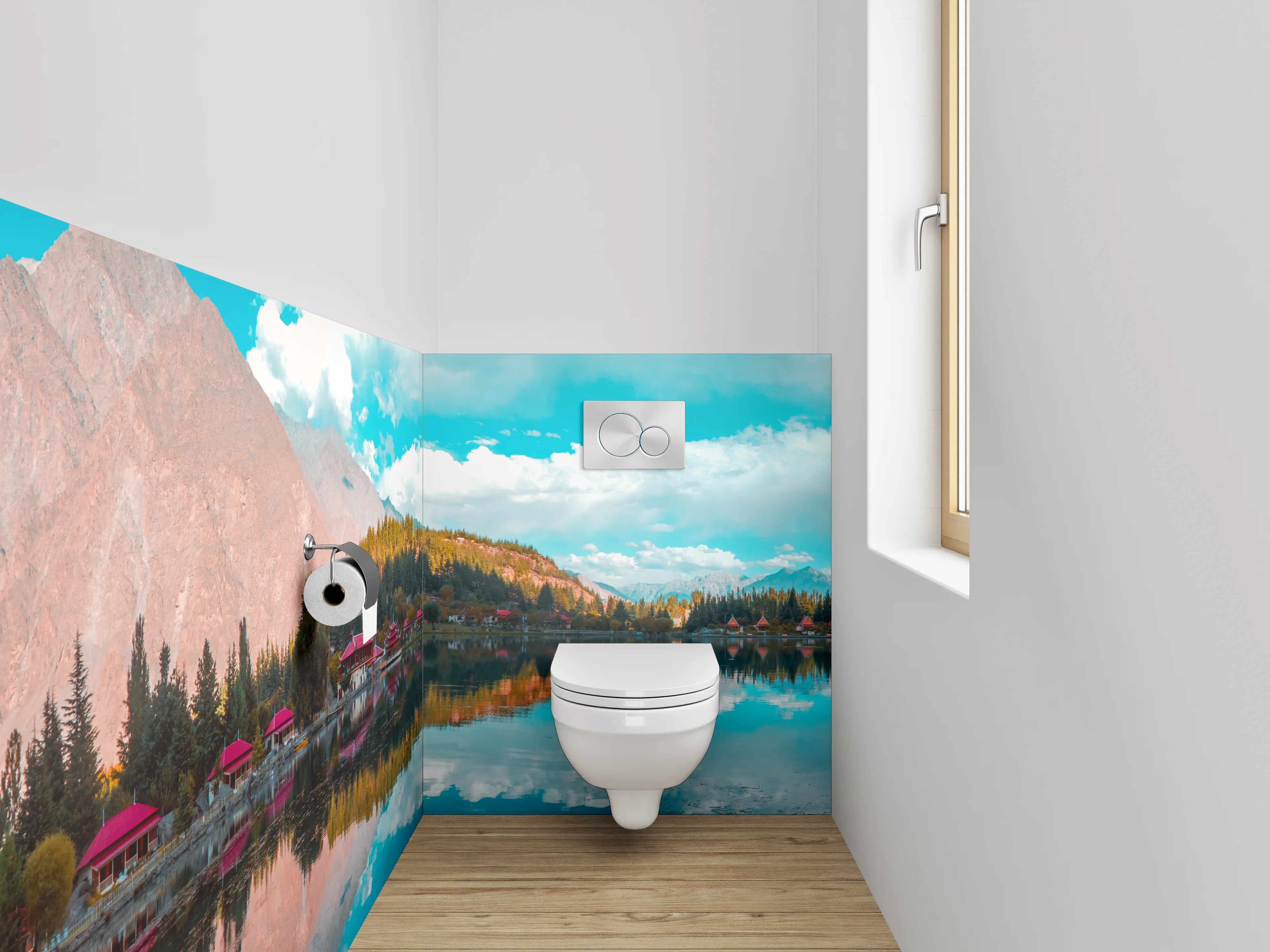 WC-Rückwand - Spiegelnder See vor Bergpanorama
