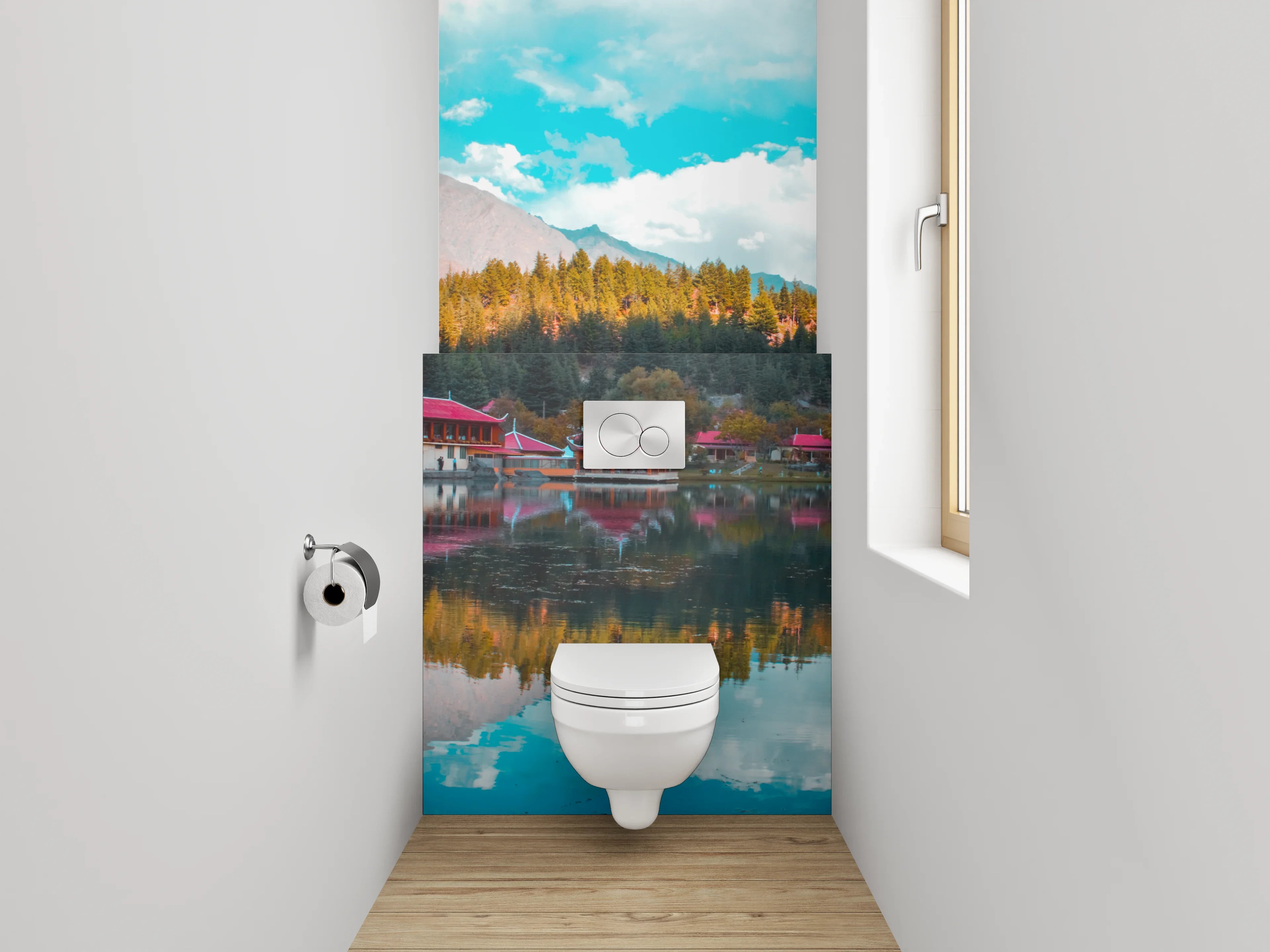 WC-Rückwand - Spiegelnder See vor Bergpanorama