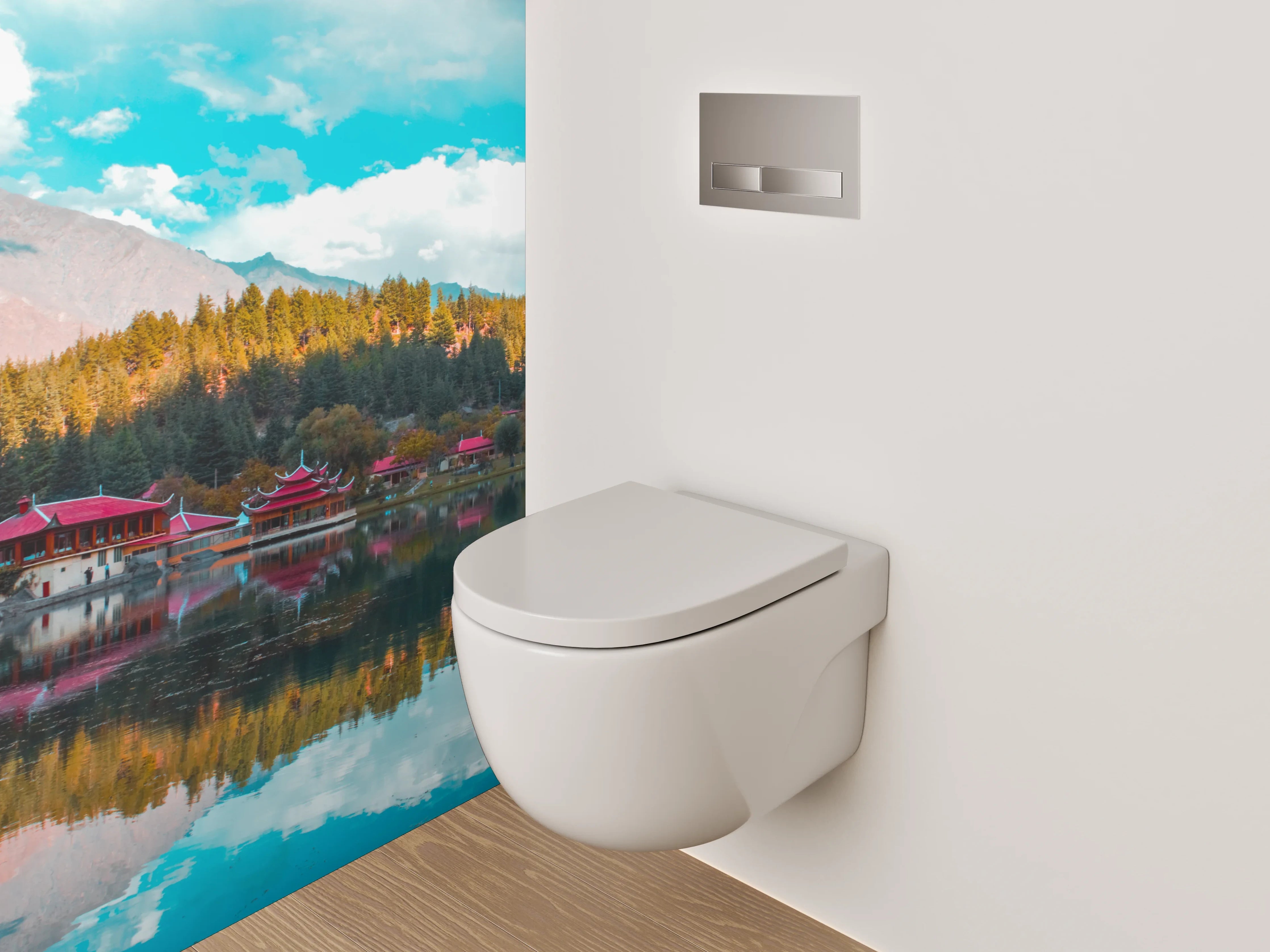 WC-Rückwand - Spiegelnder See vor Bergpanorama