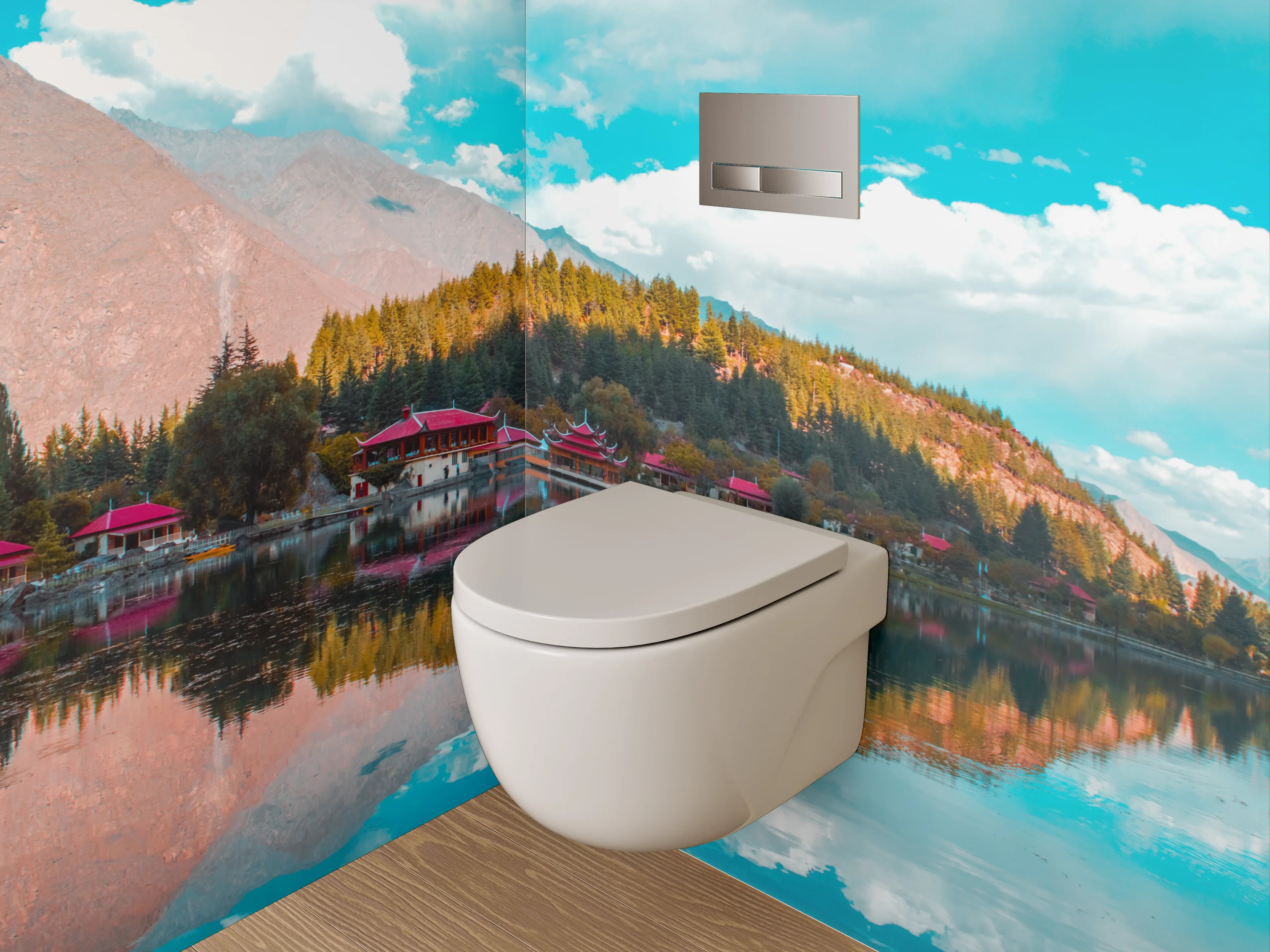 WC-Rückwand - Spiegelnder See vor Bergpanorama