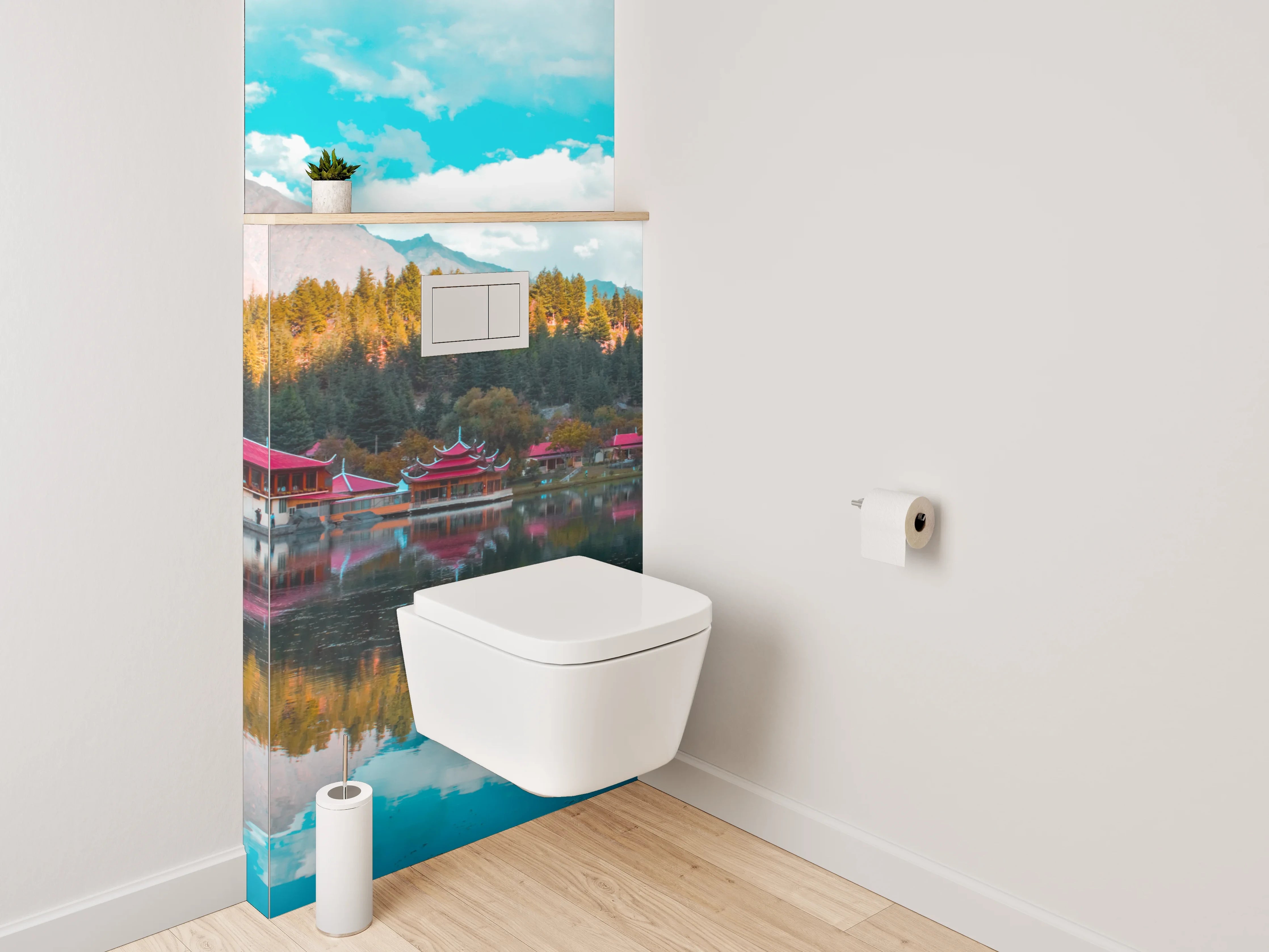 WC-Rückwand - Spiegelnder See vor Bergpanorama