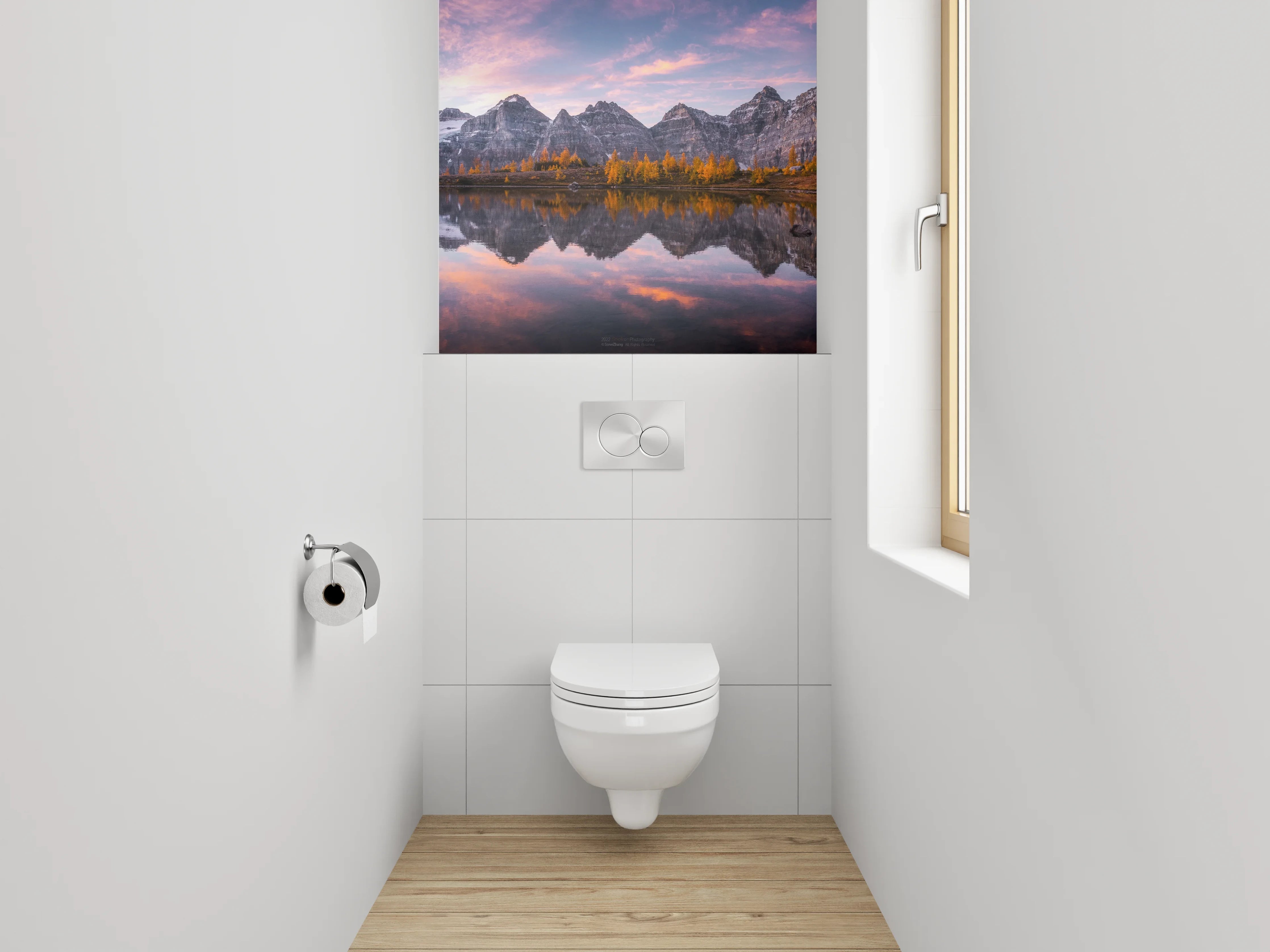WC-Rückwand - Spiegelung am Gebirgssee Sonnenuntergang