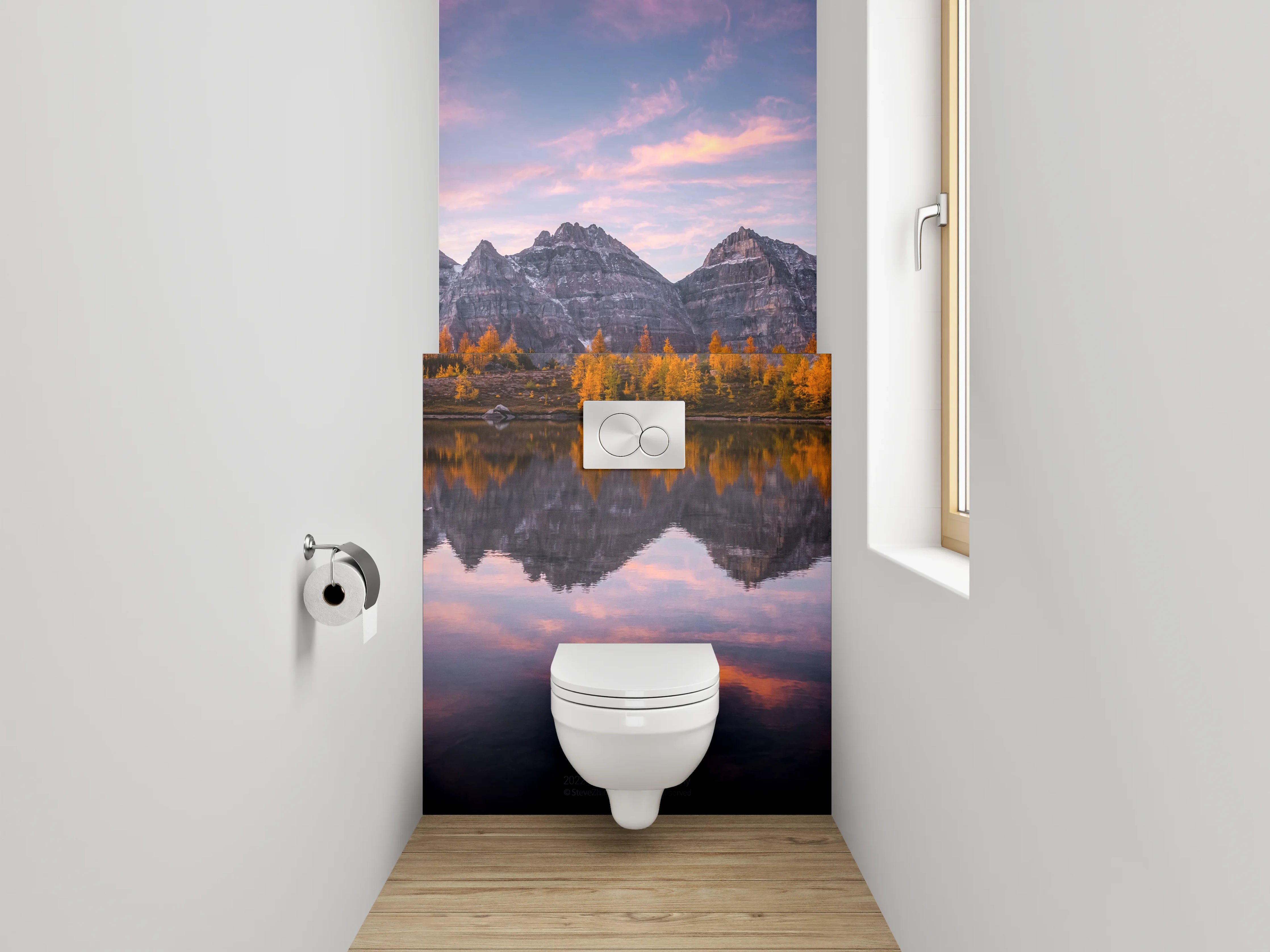 WC-Rückwand - Spiegelung am Gebirgssee Sonnenuntergang
