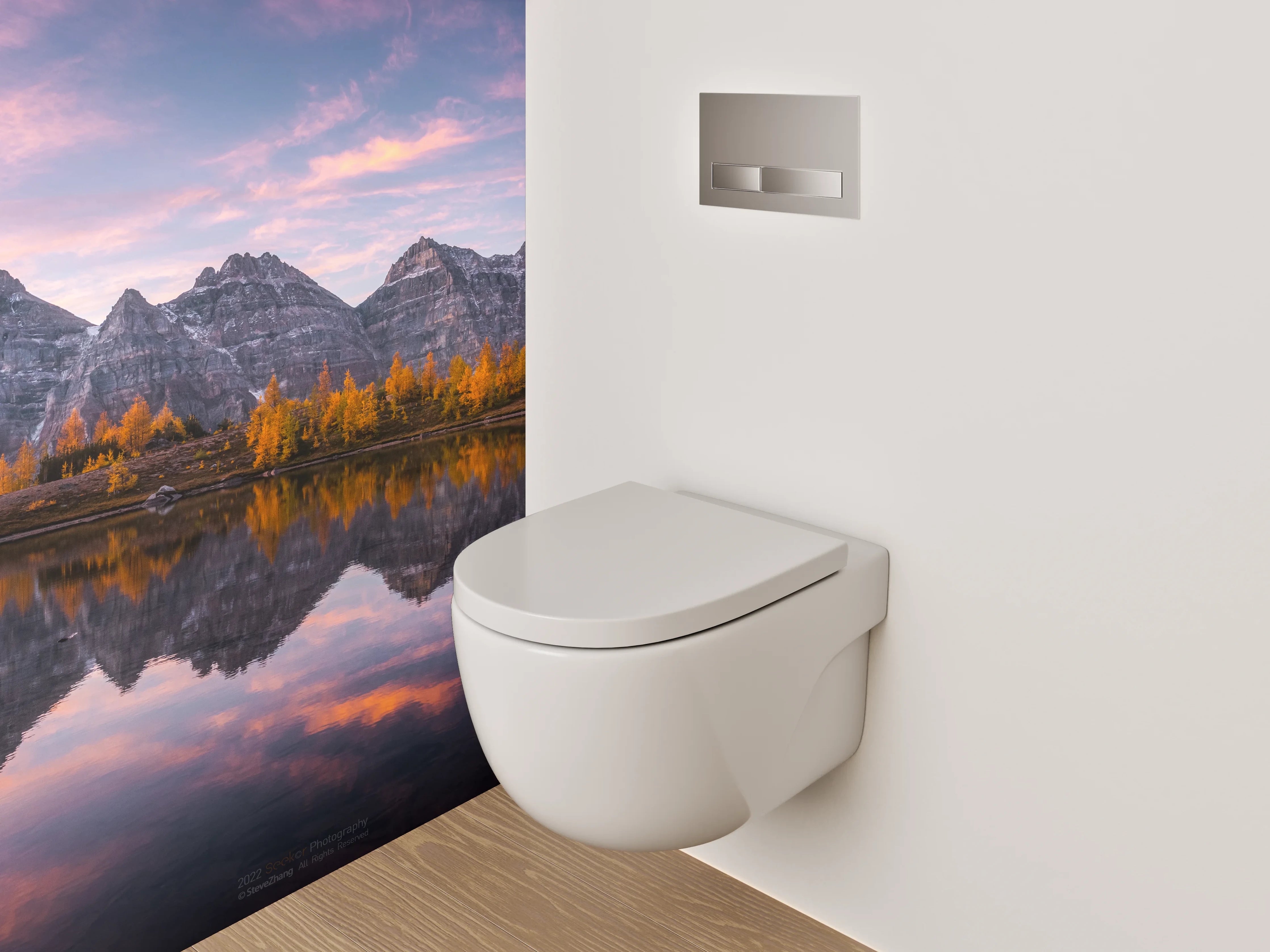WC-Rückwand - Spiegelung am Gebirgssee Sonnenuntergang