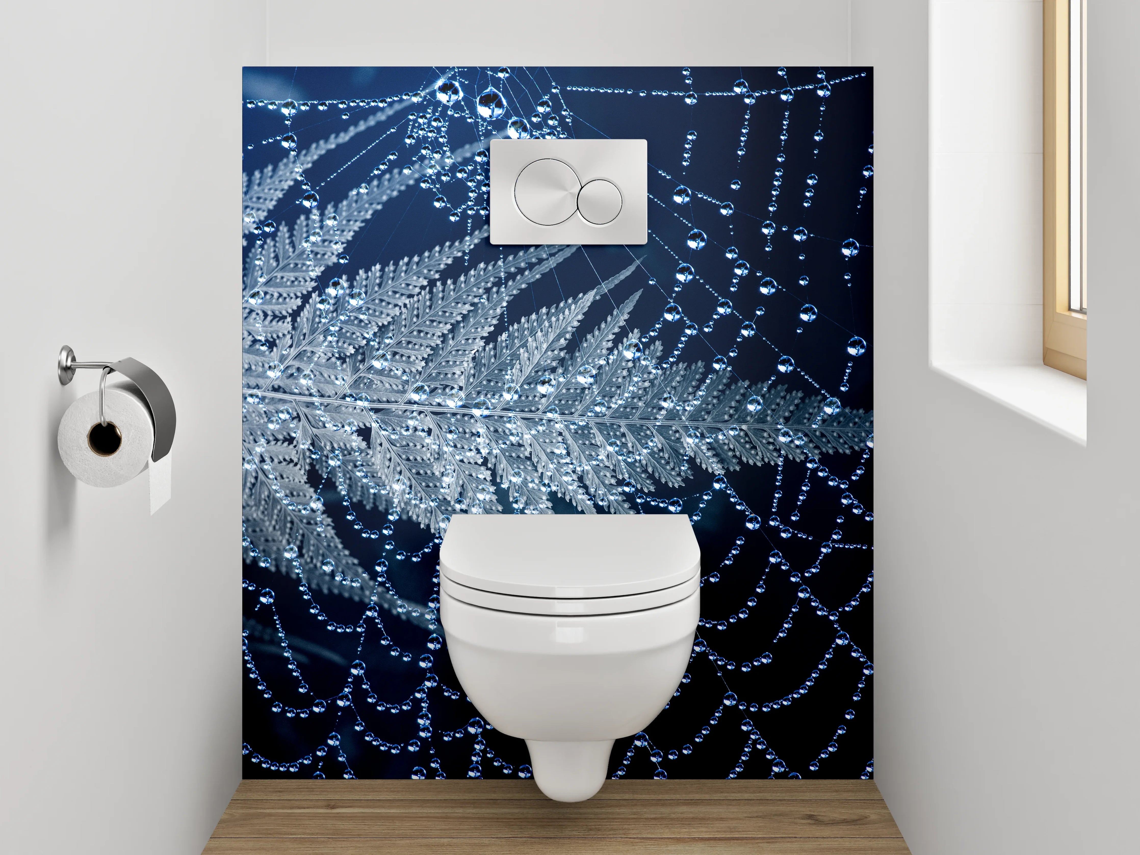 WC-Rückwand - Spinnennetz mit Tautropfen und Farn