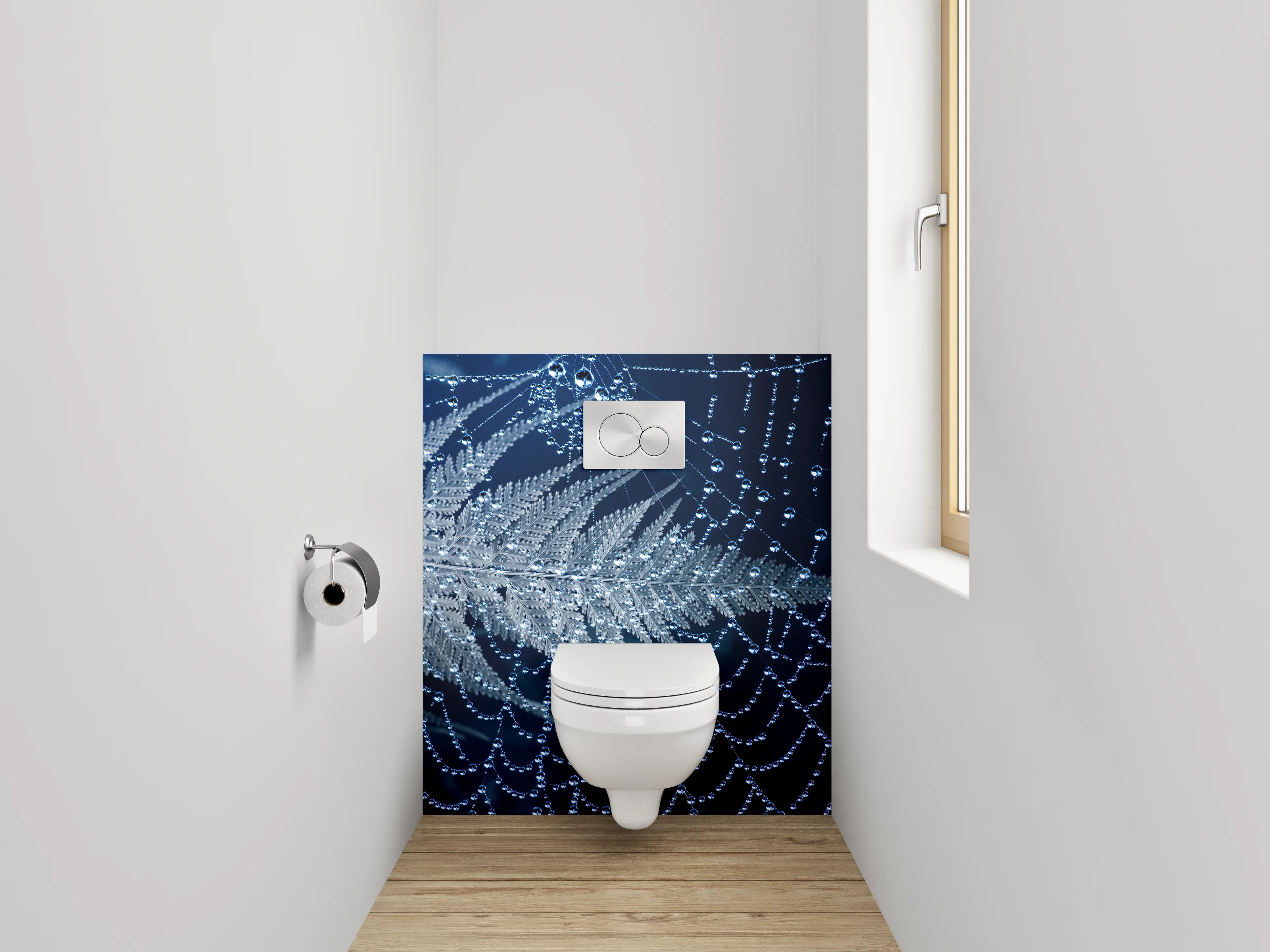 WC-Rückwand - Spinnennetz mit Tautropfen und Farn