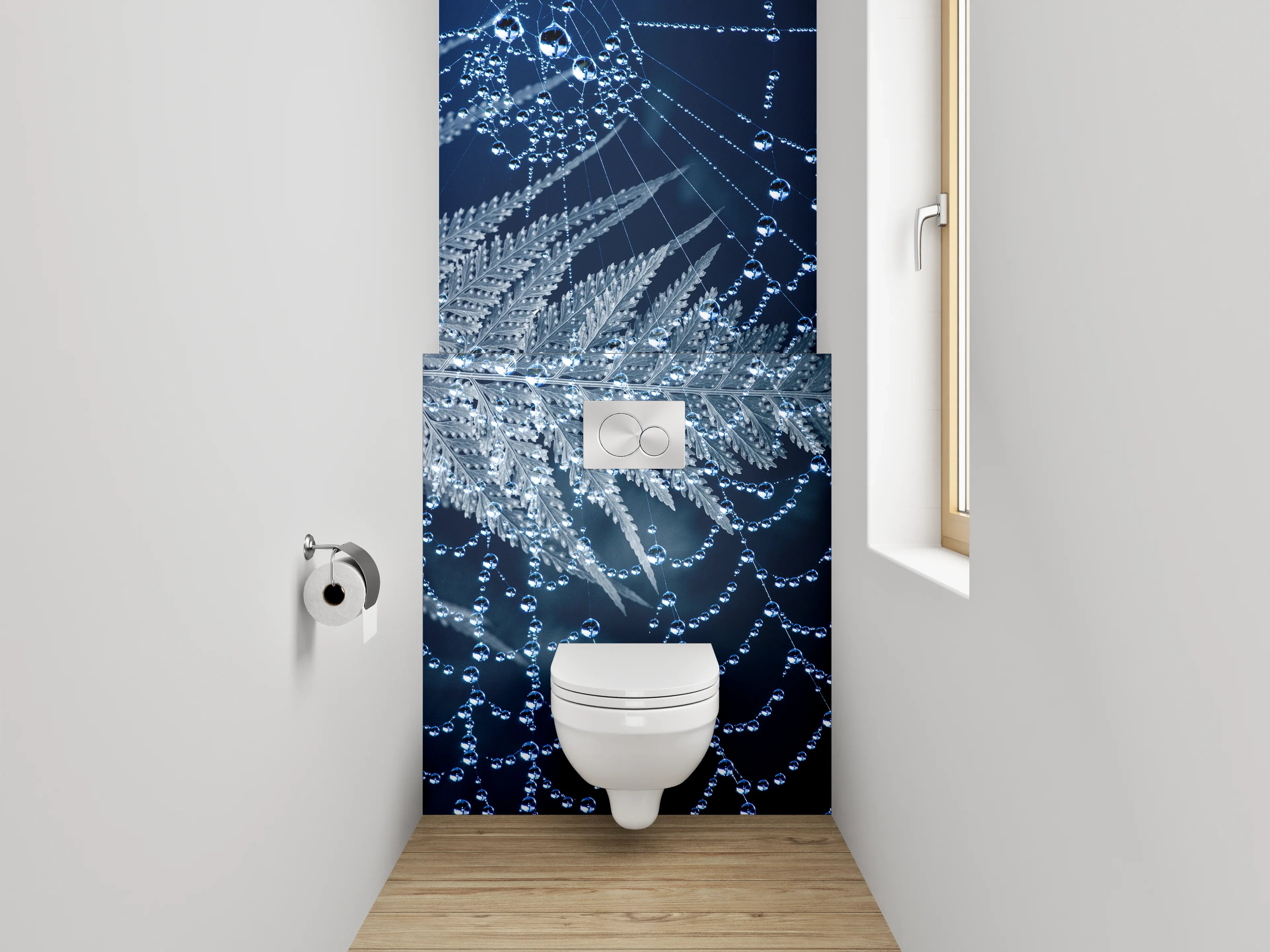 WC-Rückwand - Spinnennetz mit Tautropfen und Farn