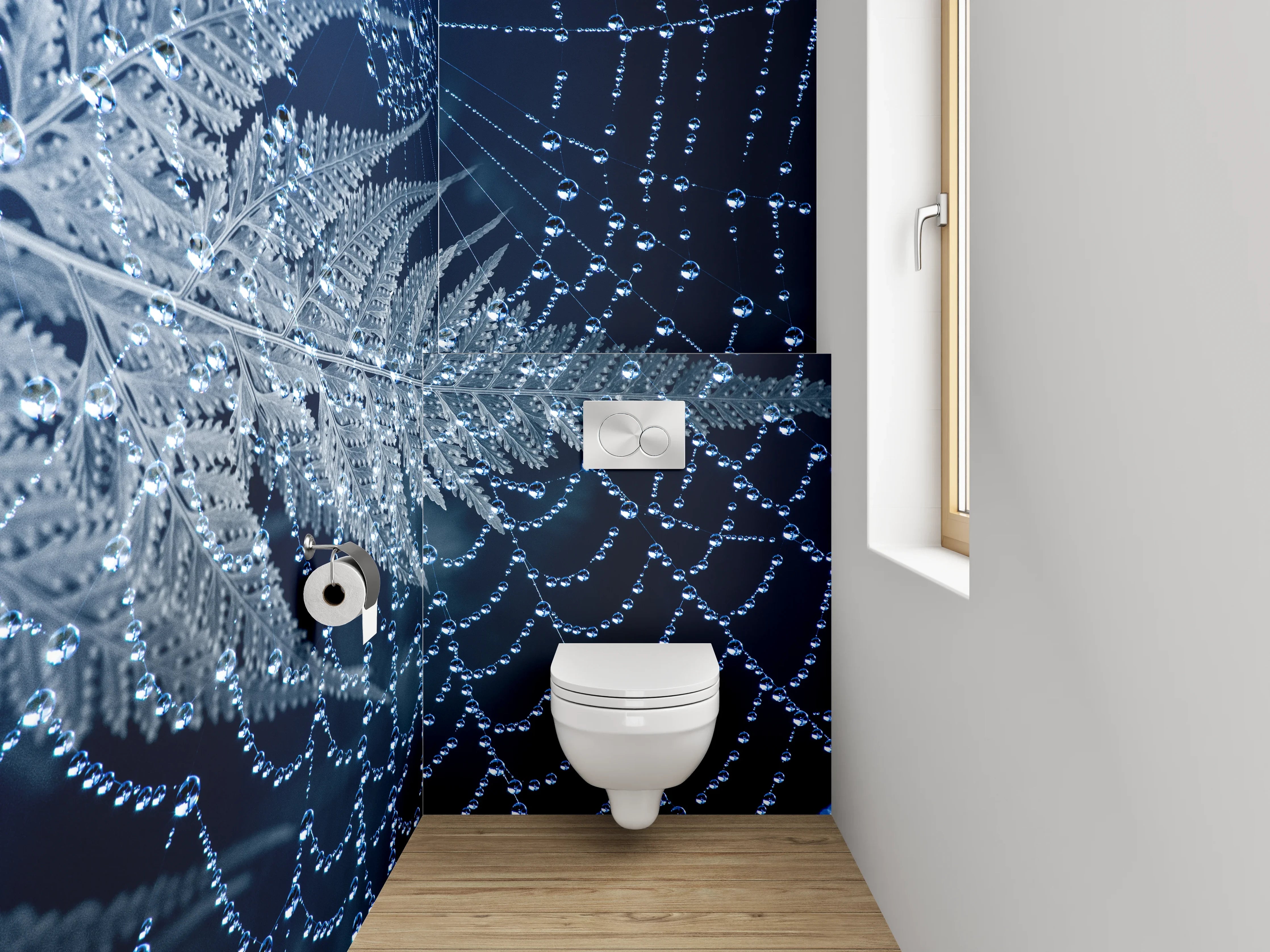 WC-Rückwand - Spinnennetz mit Tautropfen und Farn