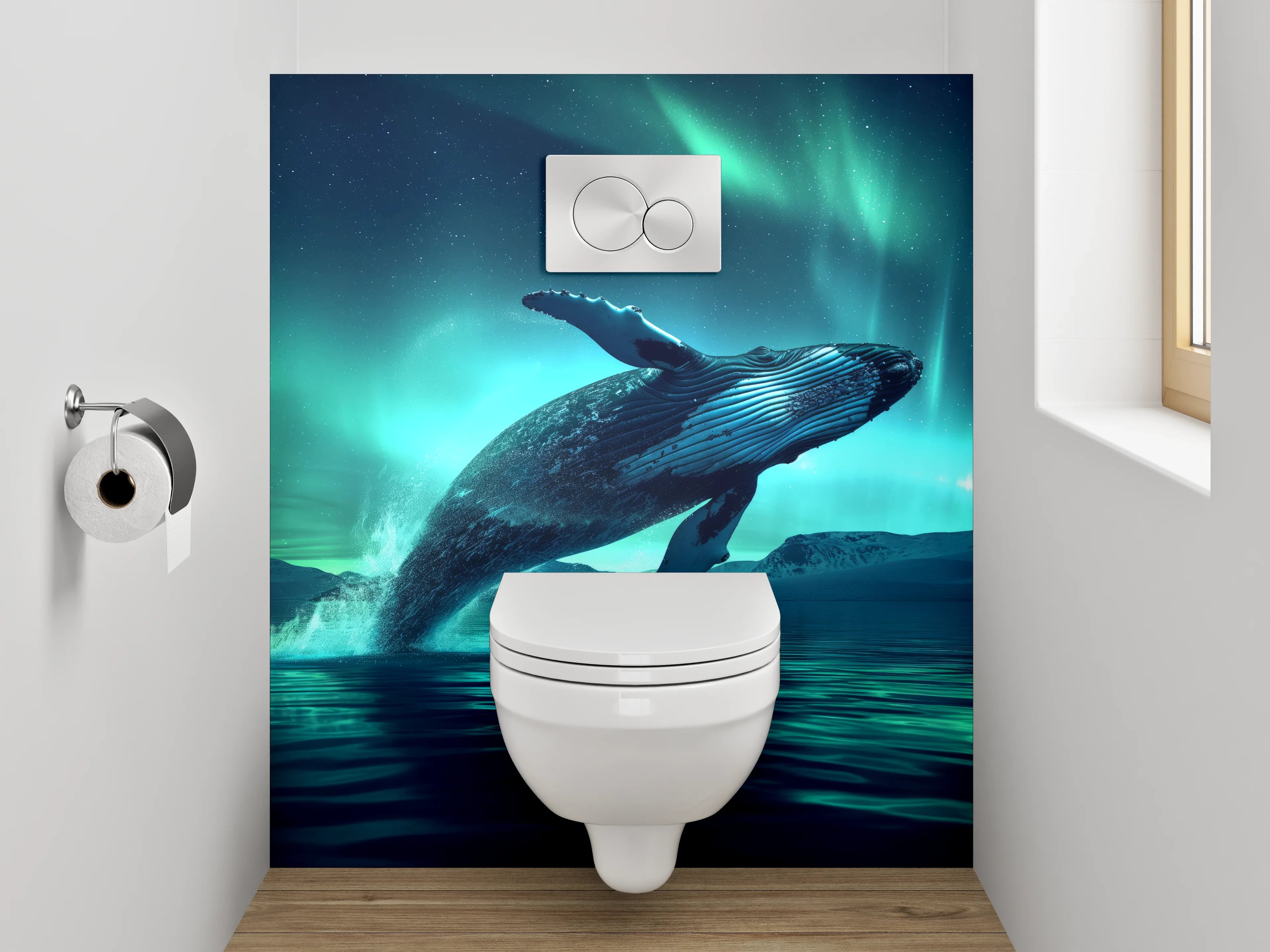 WC-Rückwand - Springender Wal unter Polarlichtern