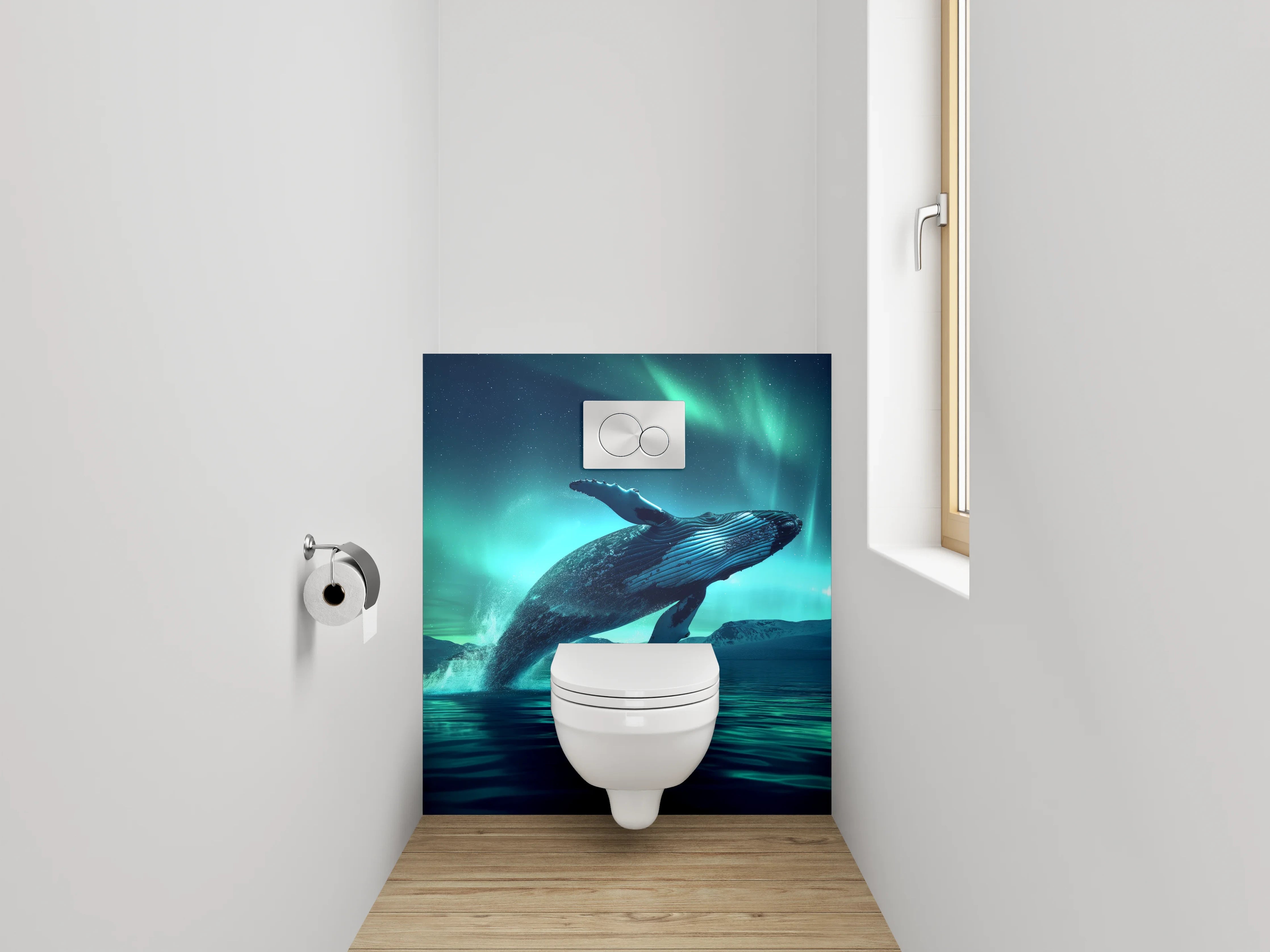 WC-Rückwand - Springender Wal unter Polarlichtern