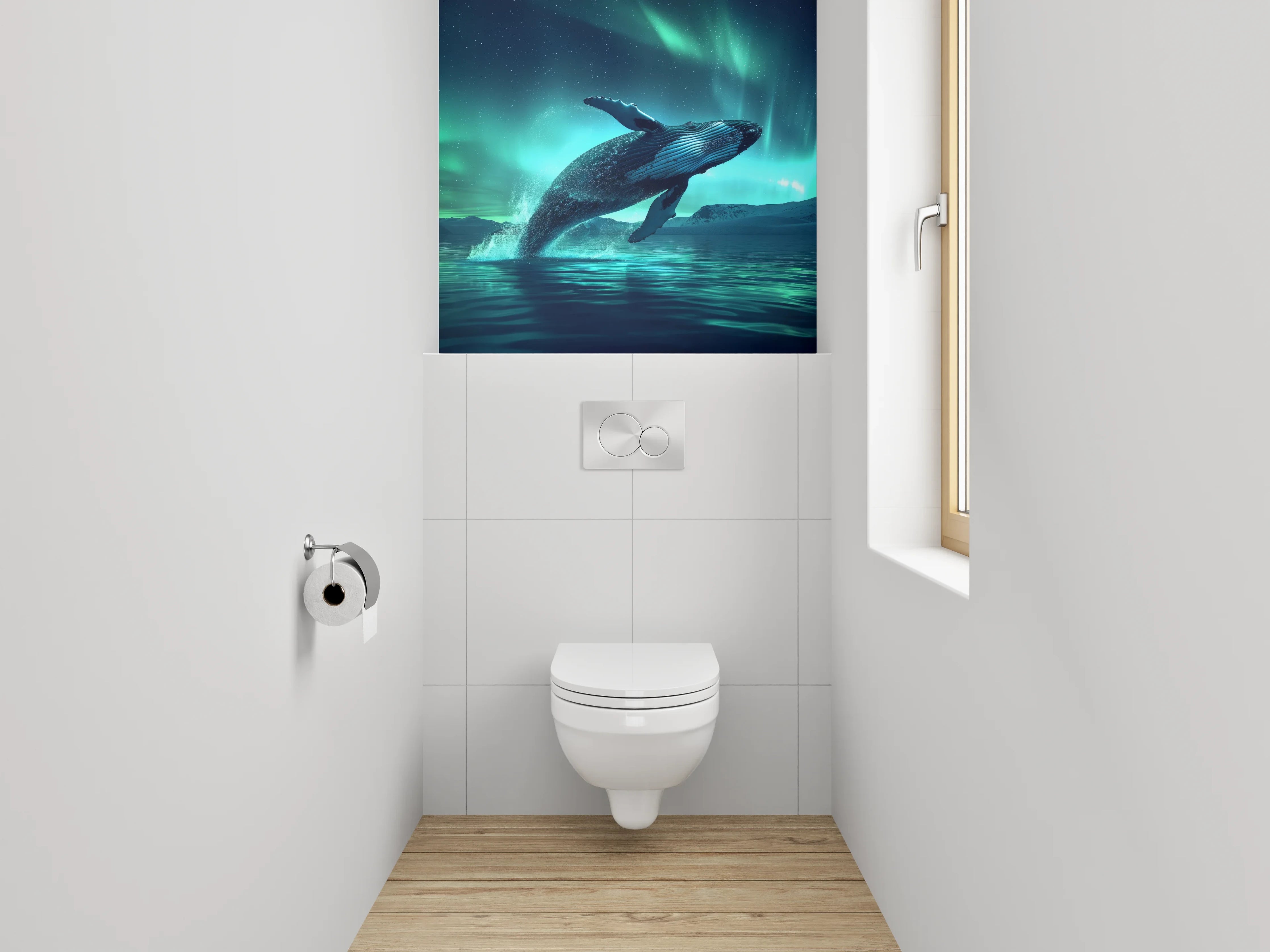 WC-Rückwand - Springender Wal unter Polarlichtern