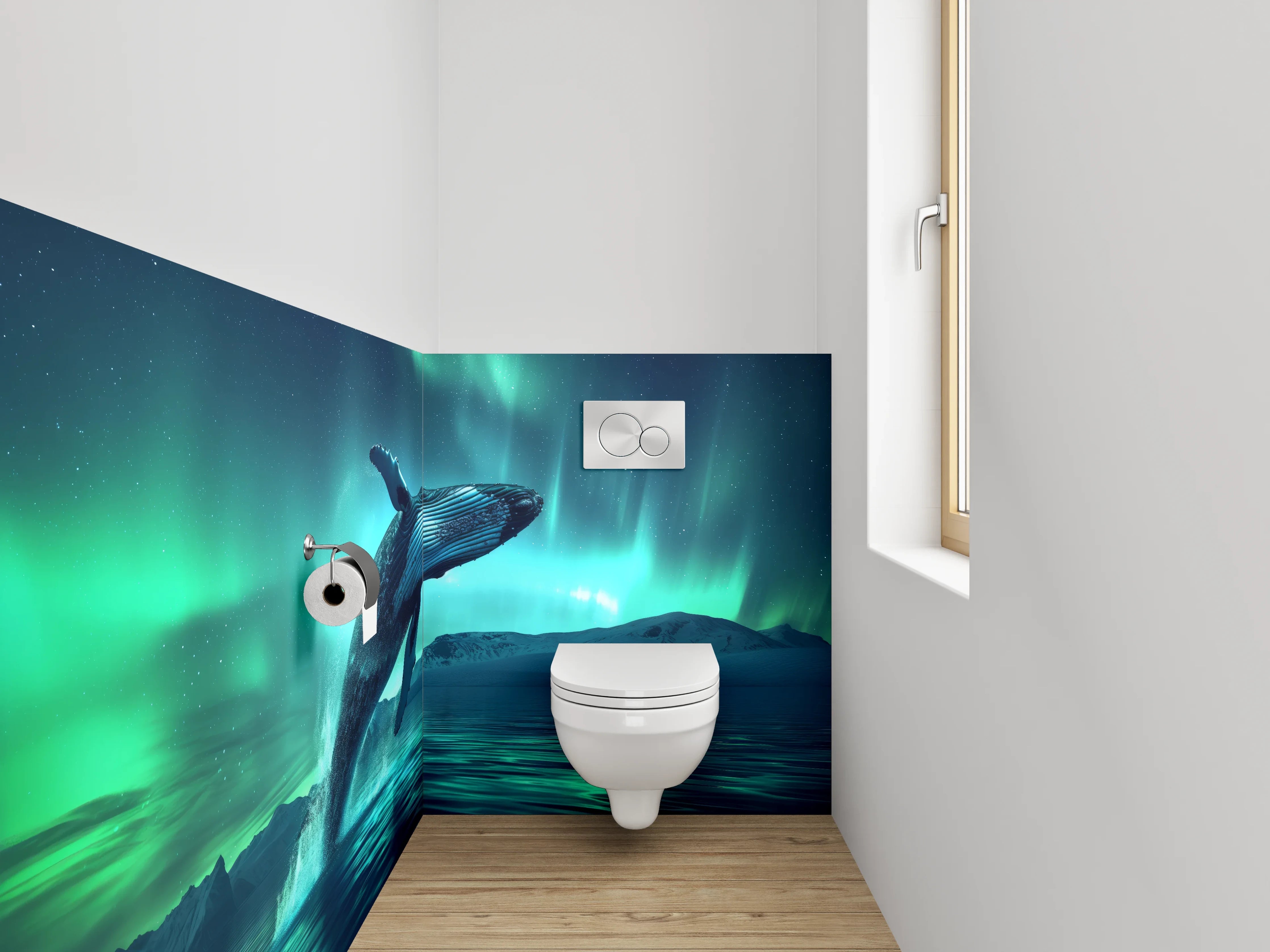 WC-Rückwand - Springender Wal unter Polarlichtern