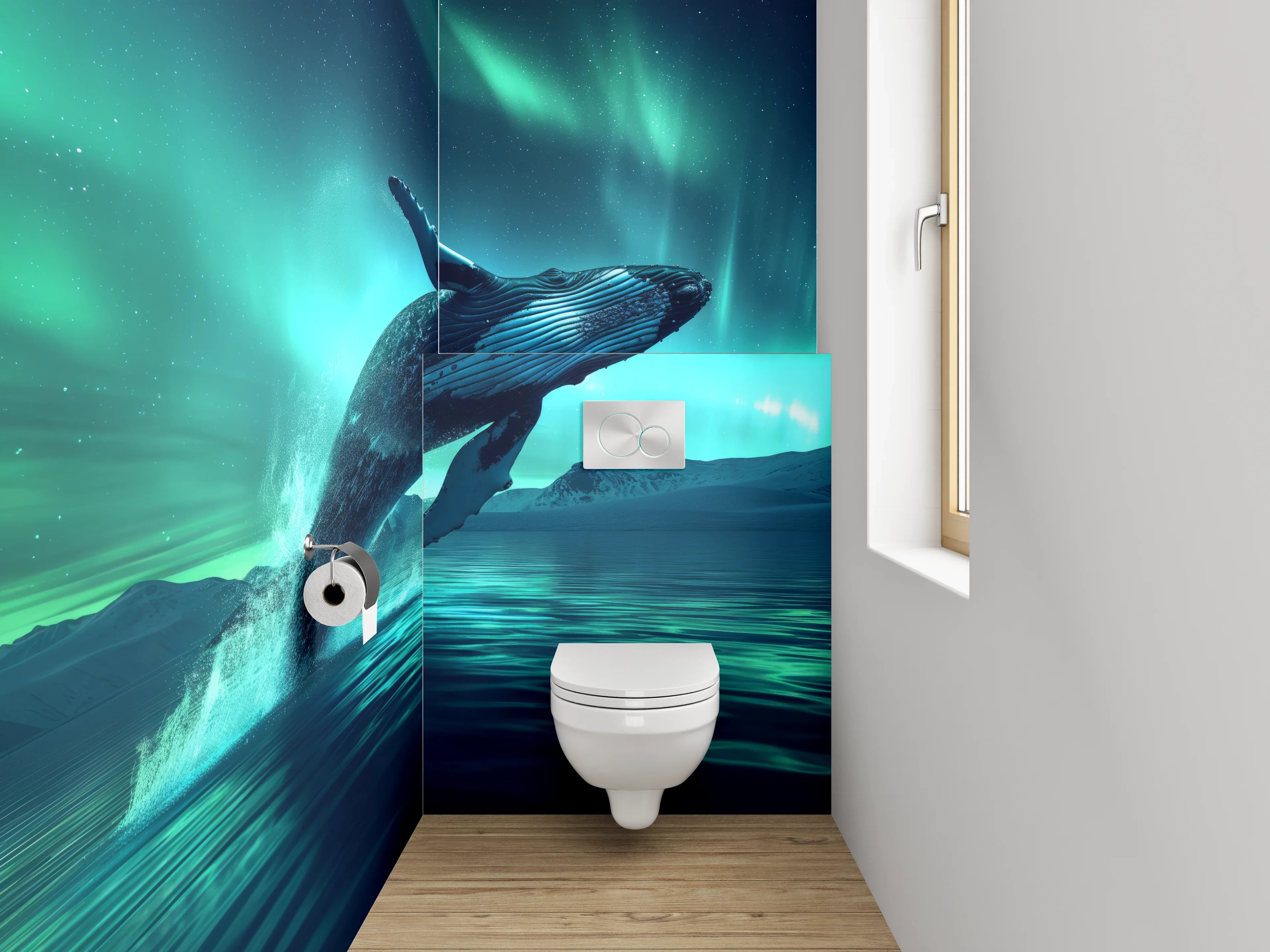 WC-Rückwand - Springender Wal unter Polarlichtern