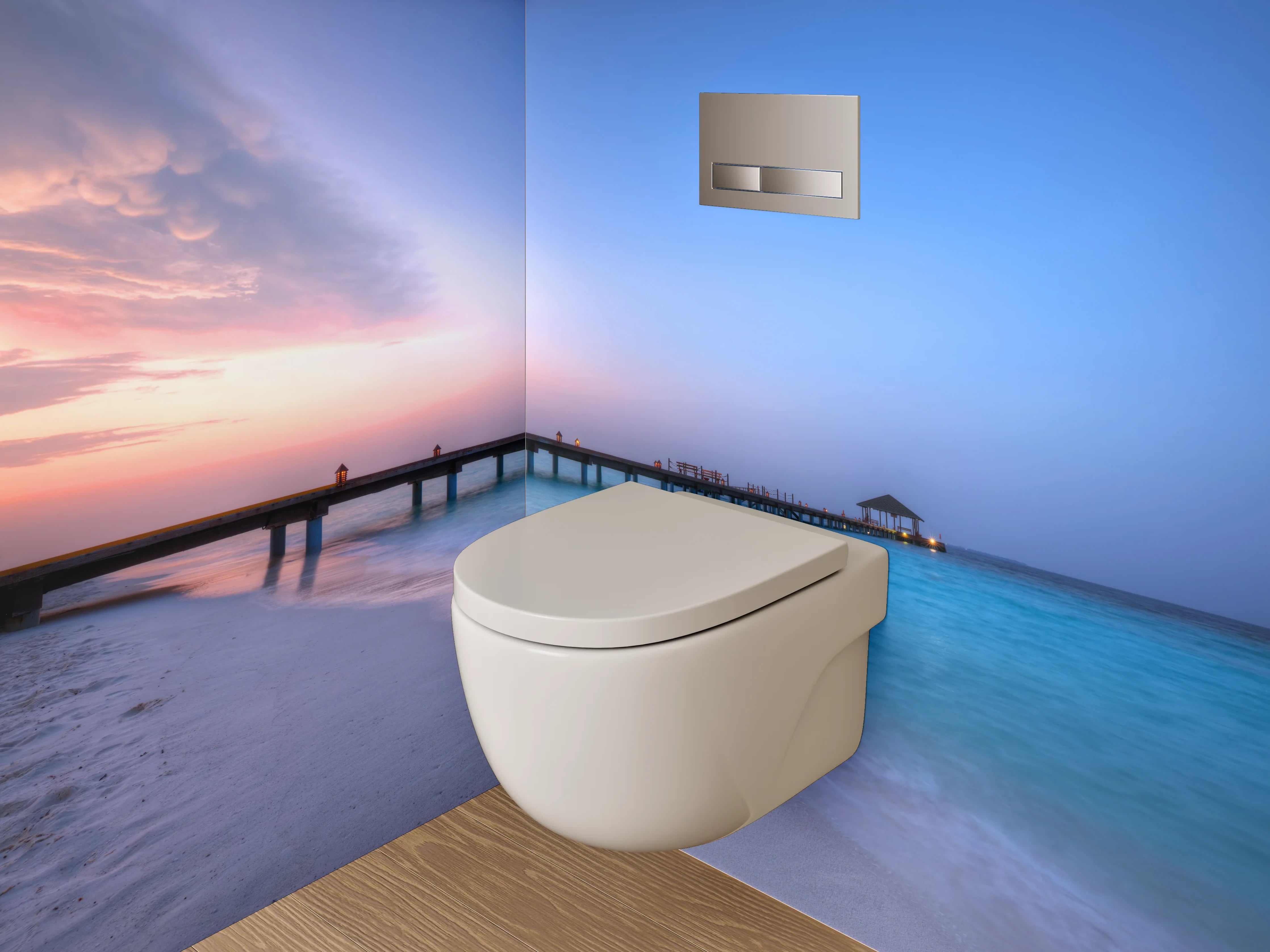 WC-Rückwand - Steg am Meer bei Sonnenuntergang