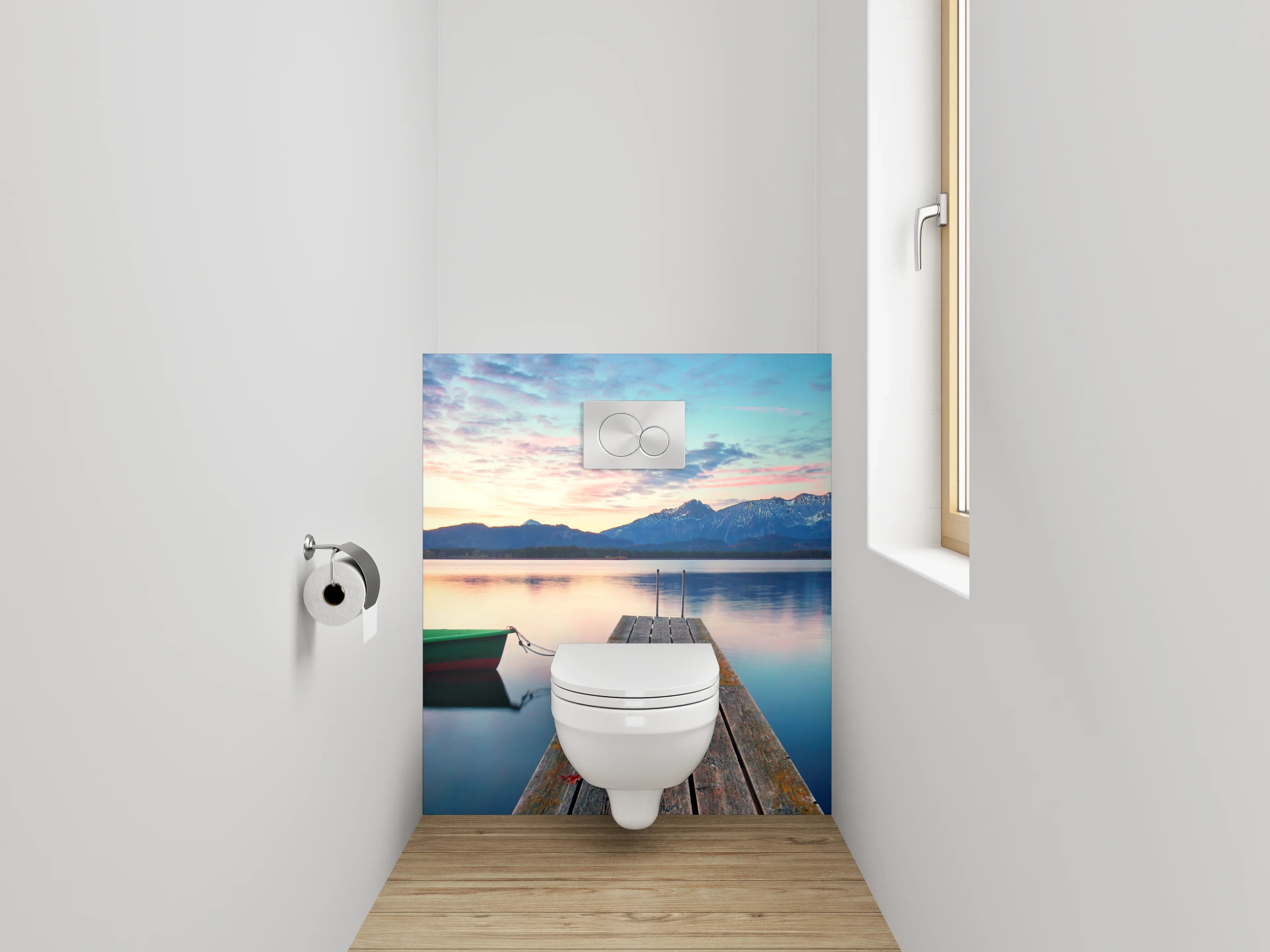 WC-Rückwand - Steg am See mit Alpenpanorama
