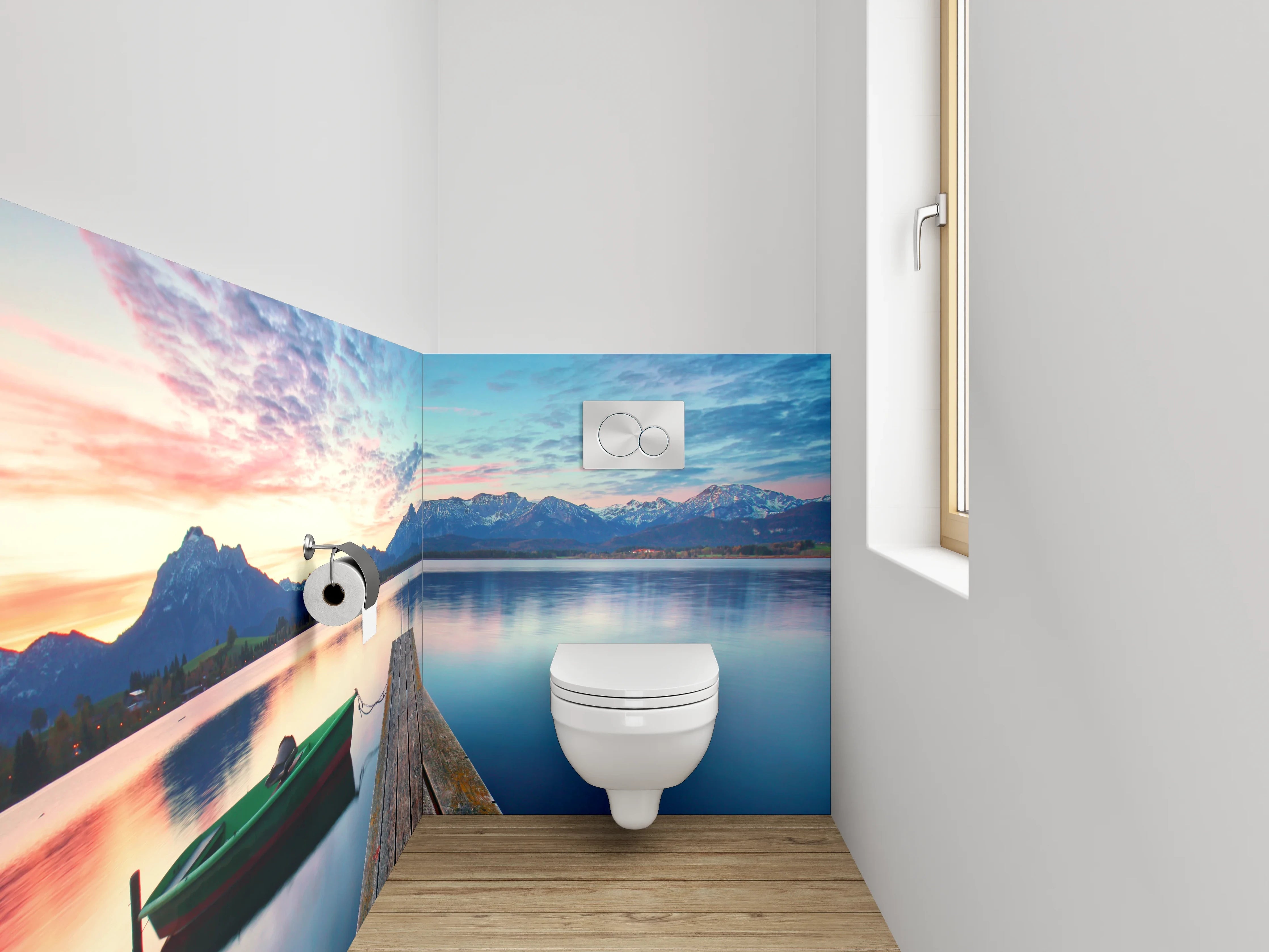 WC-Rückwand - Steg am See mit Alpenpanorama