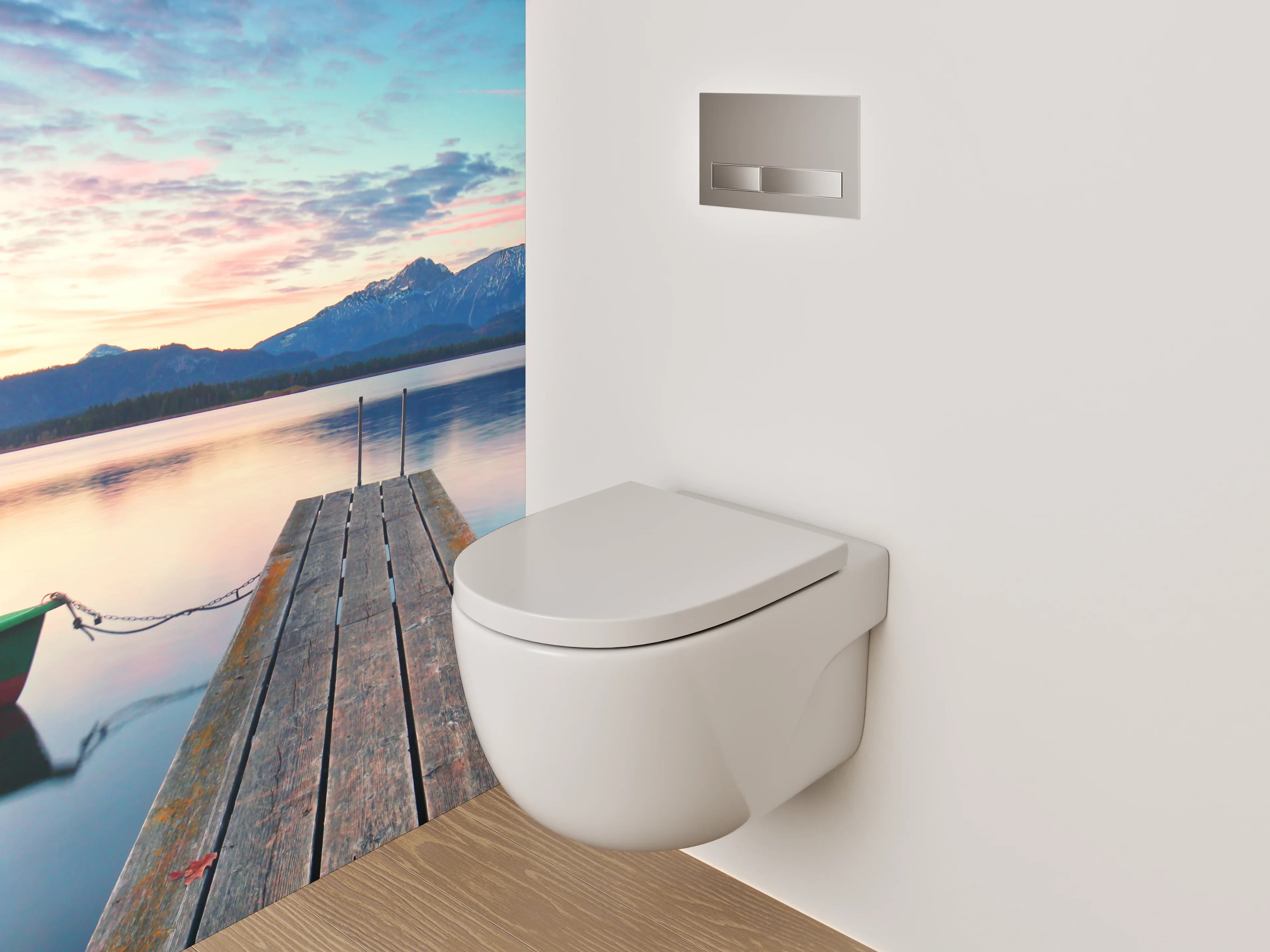 WC-Rückwand - Steg am See mit Alpenpanorama