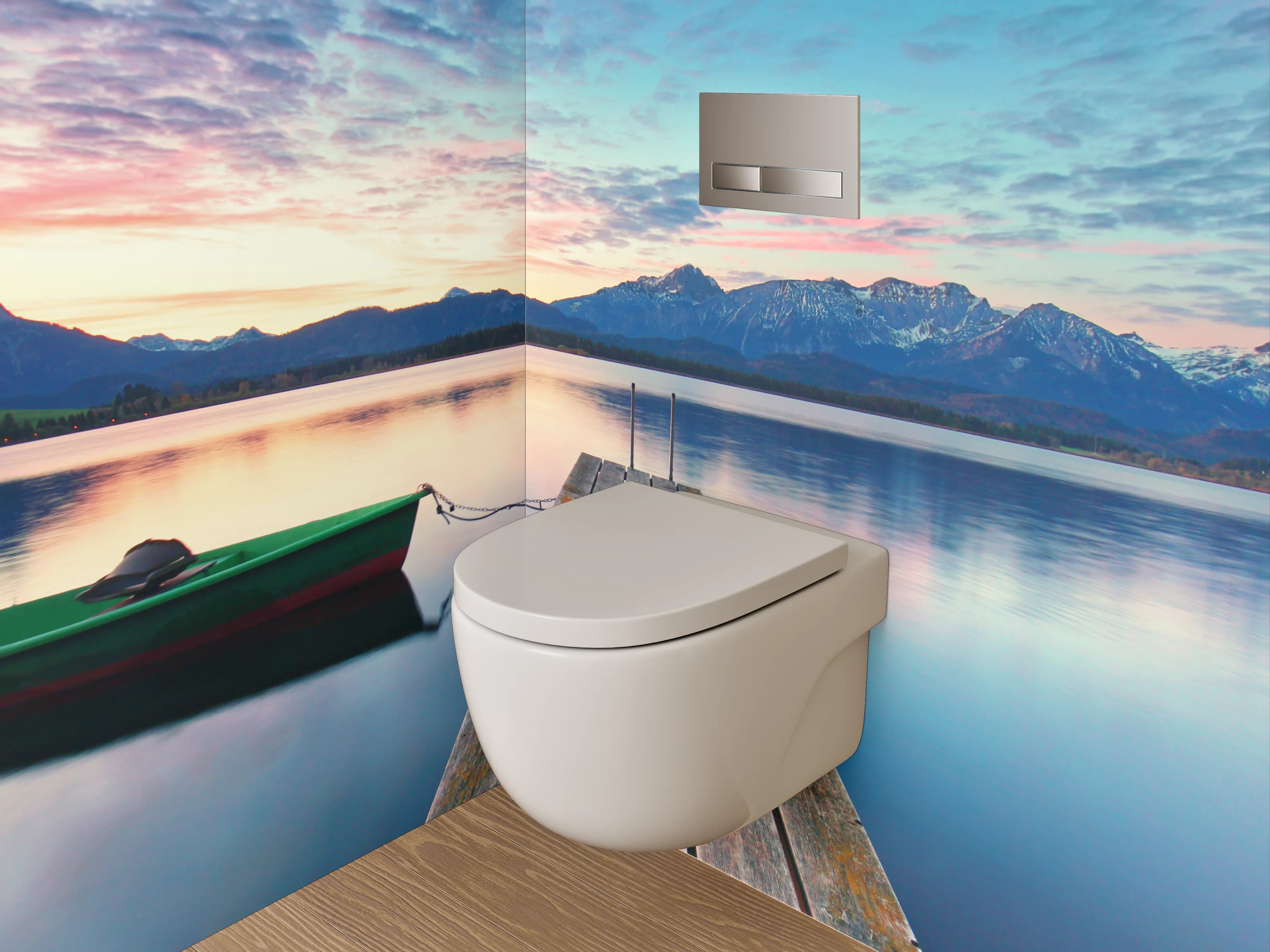 WC-Rückwand - Steg am See mit Alpenpanorama