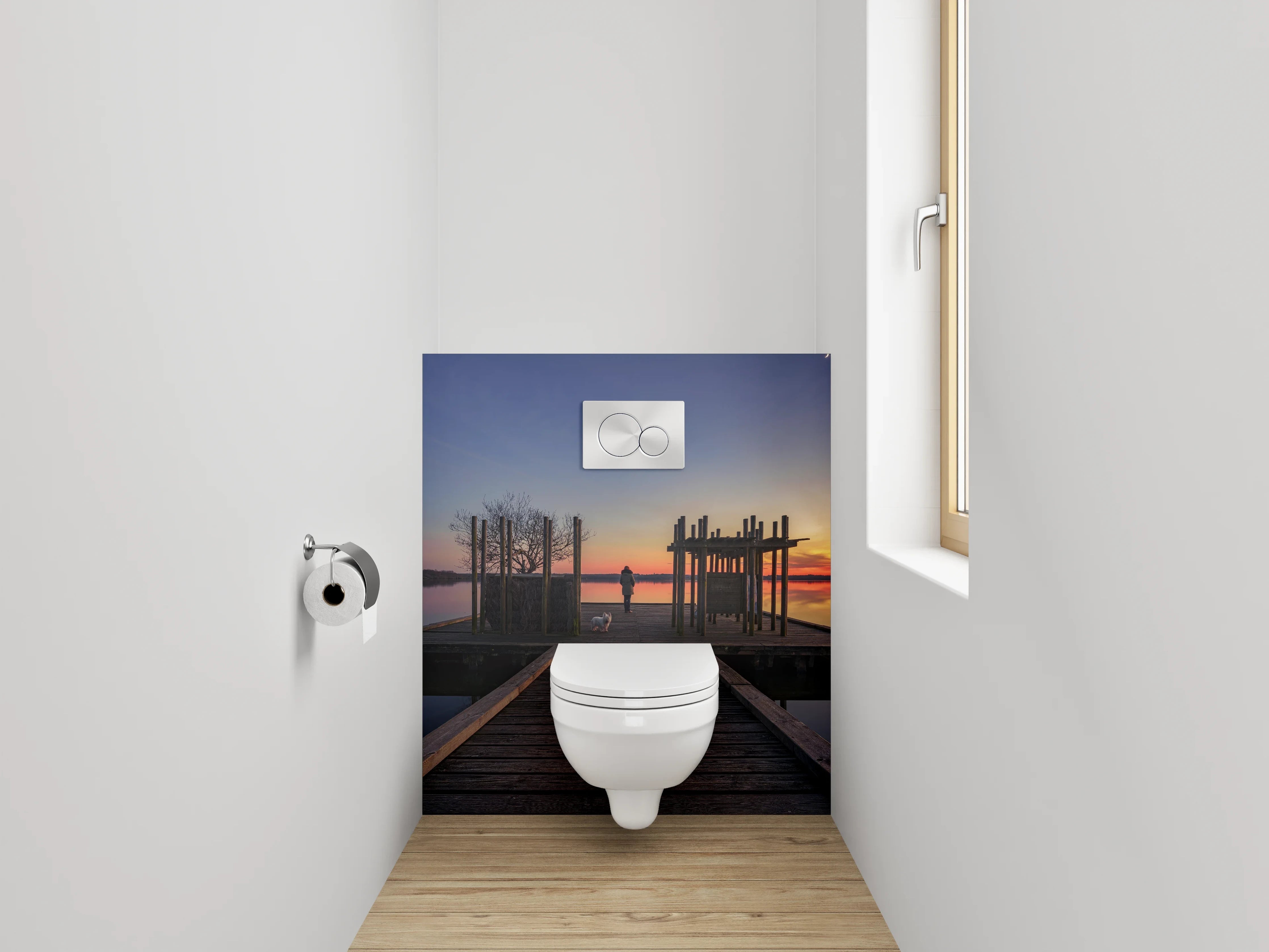 WC-Rückwand - Steg am See mit Sonnenuntergang