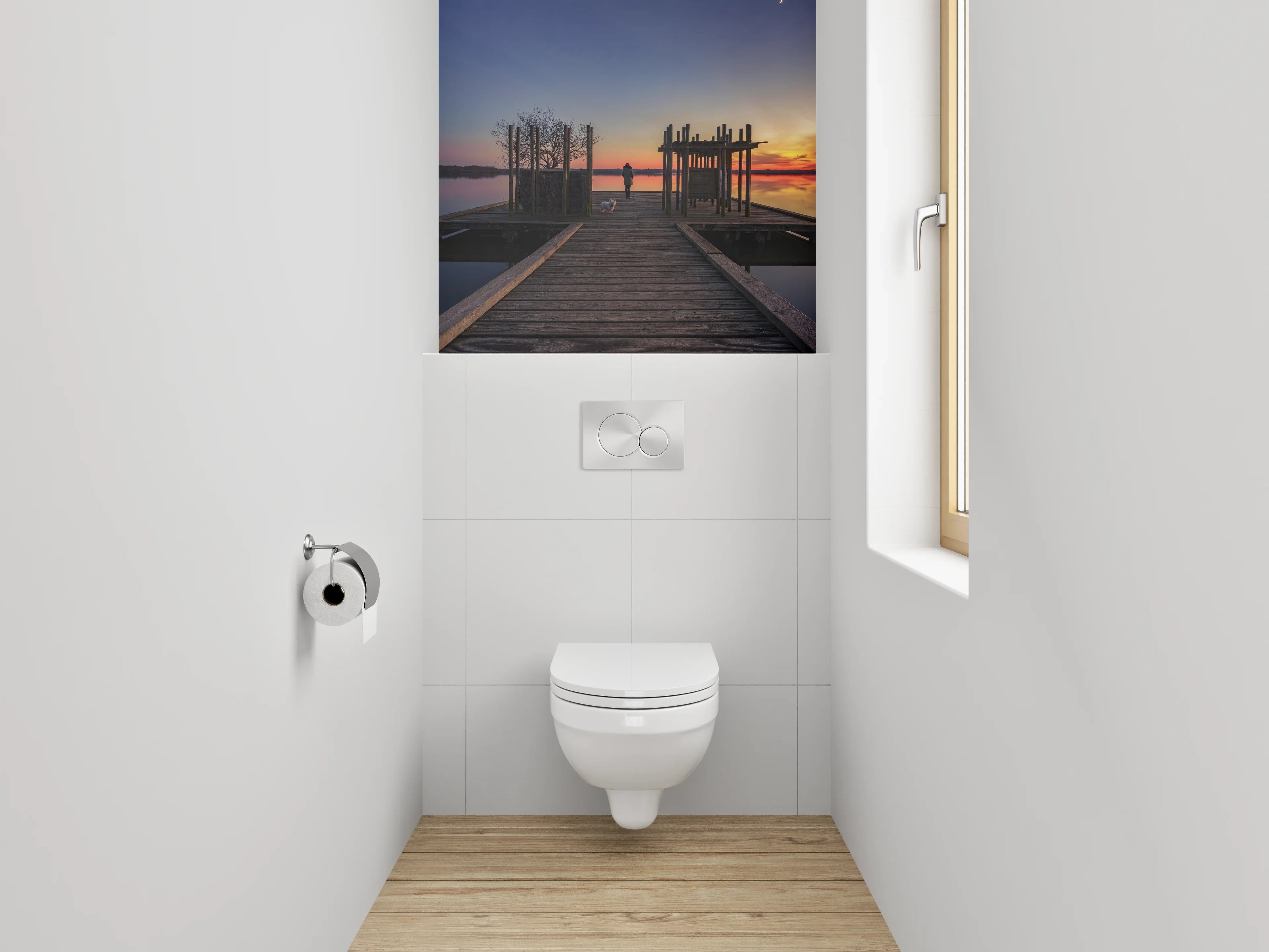 WC-Rückwand - Steg am See mit Sonnenuntergang