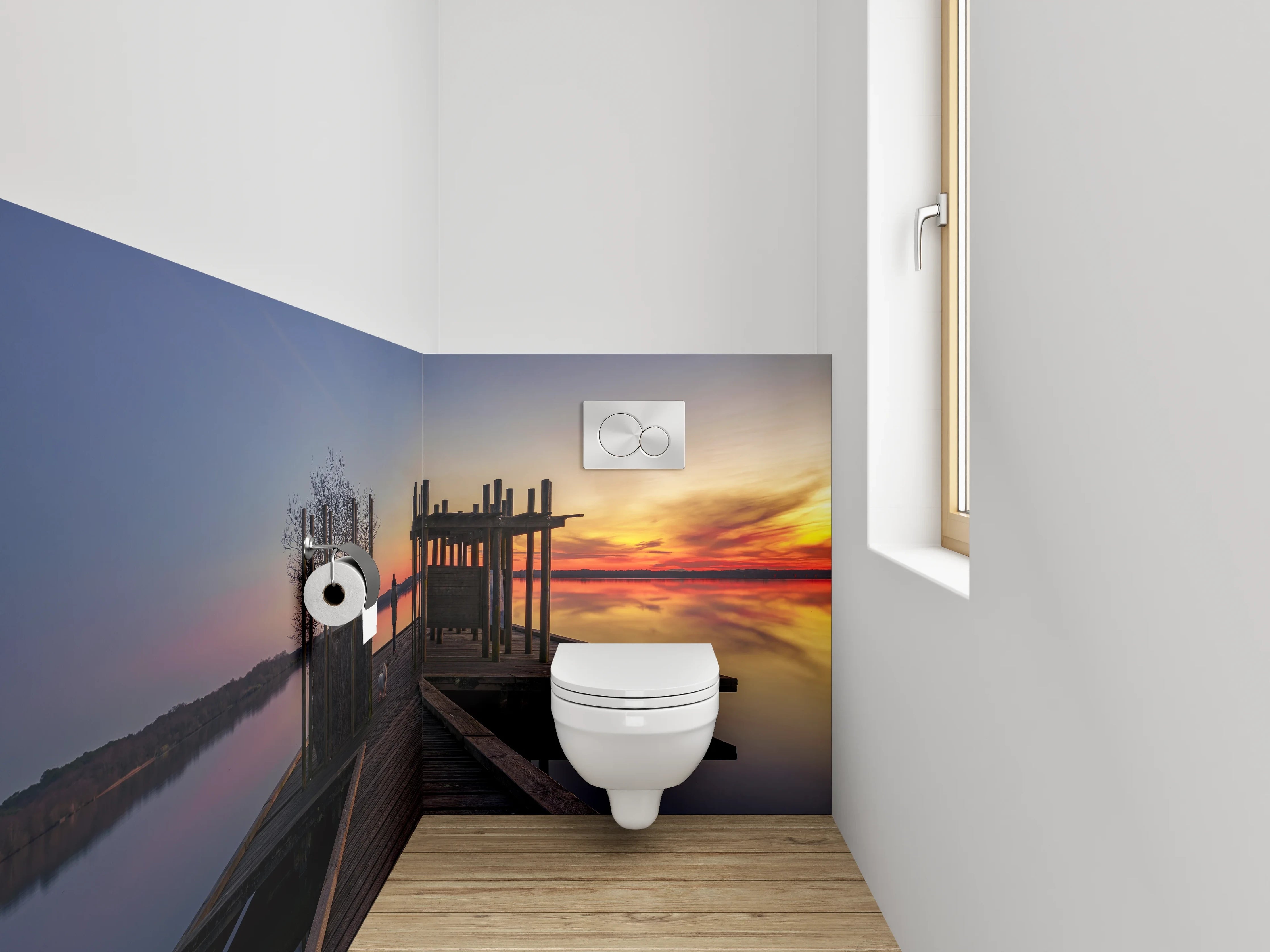 WC-Rückwand - Steg am See mit Sonnenuntergang
