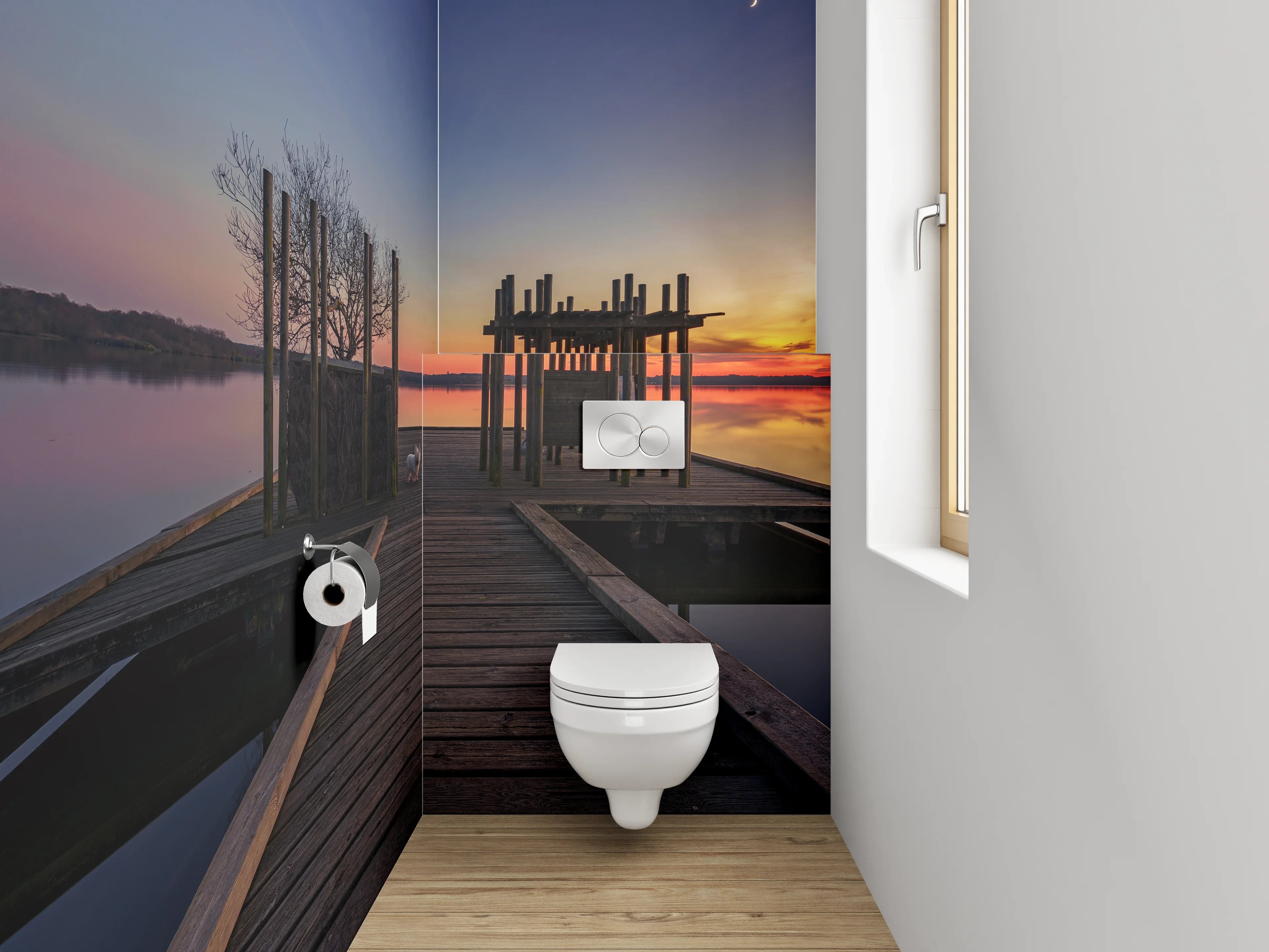 WC-Rückwand - Steg am See mit Sonnenuntergang