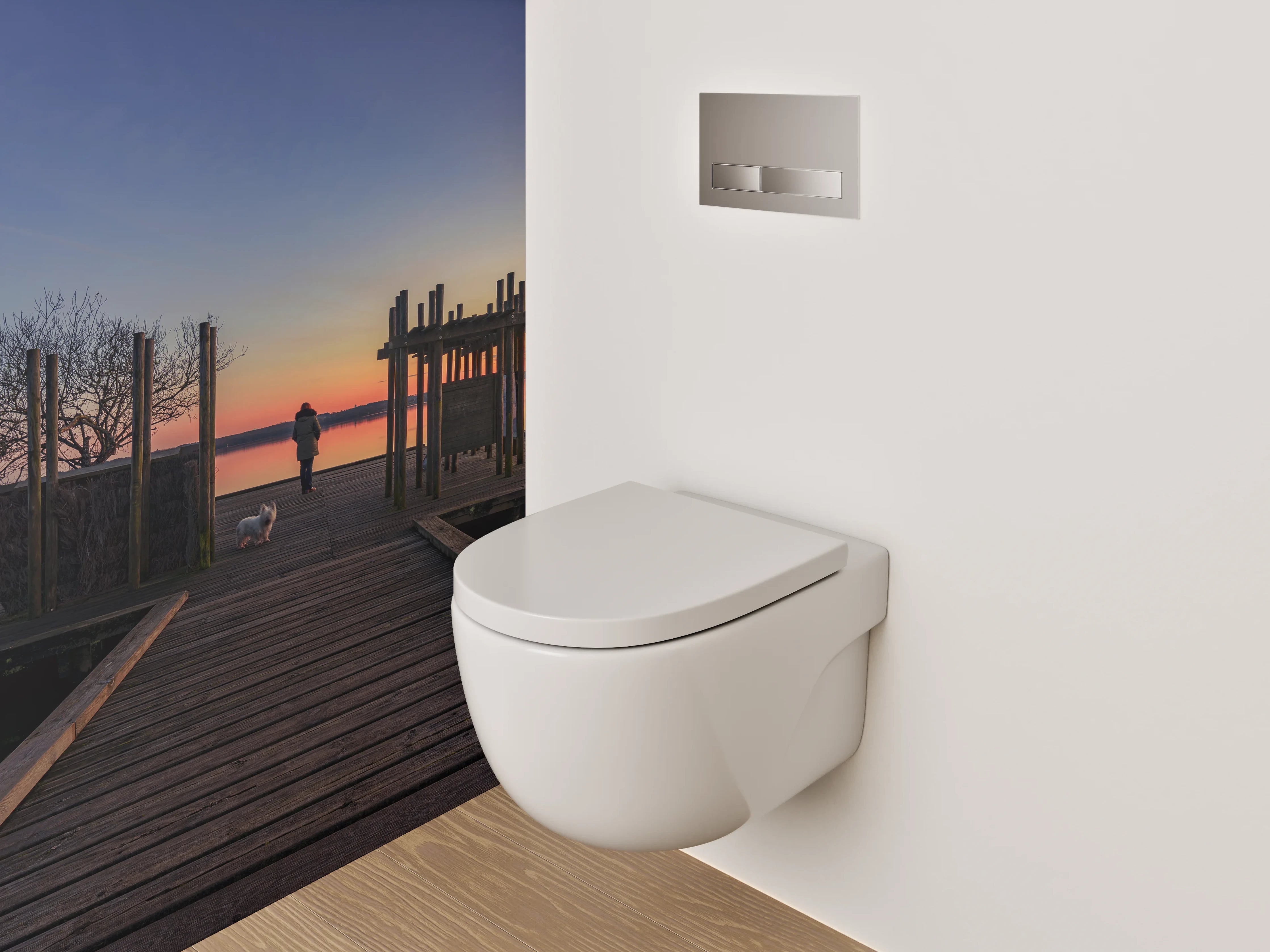 WC-Rückwand - Steg am See mit Sonnenuntergang