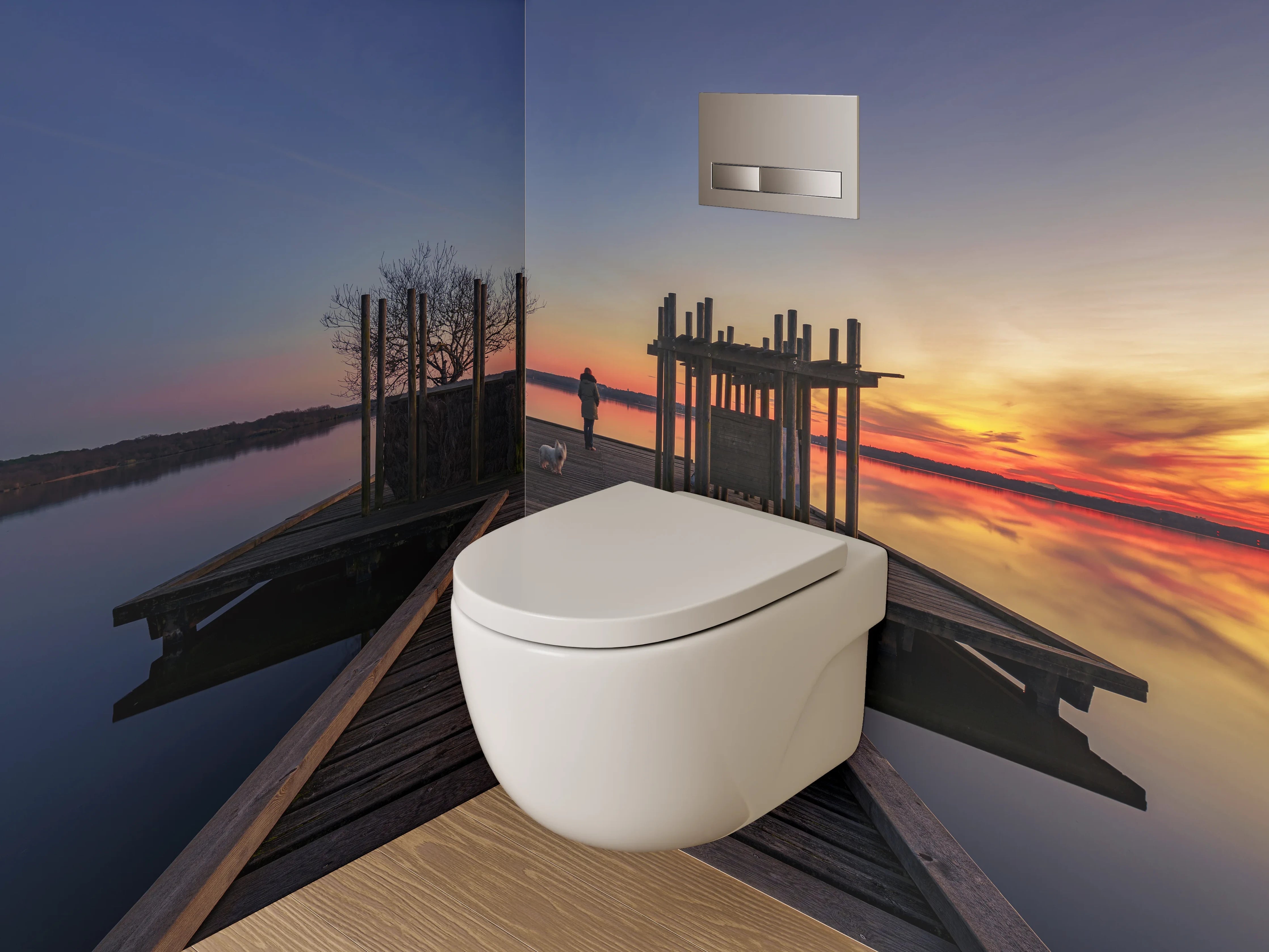 WC-Rückwand - Steg am See mit Sonnenuntergang
