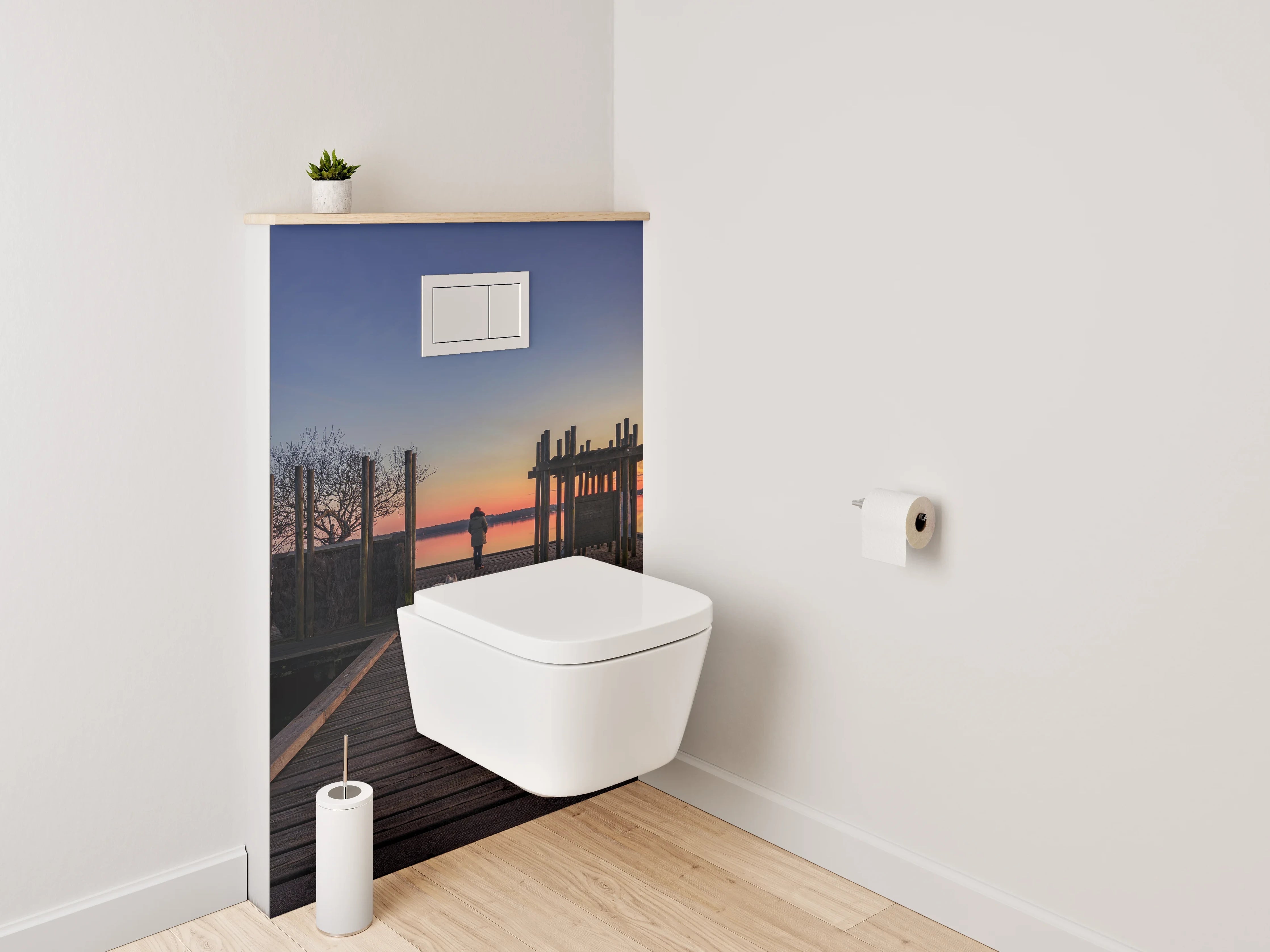 WC-Rückwand - Steg am See mit Sonnenuntergang