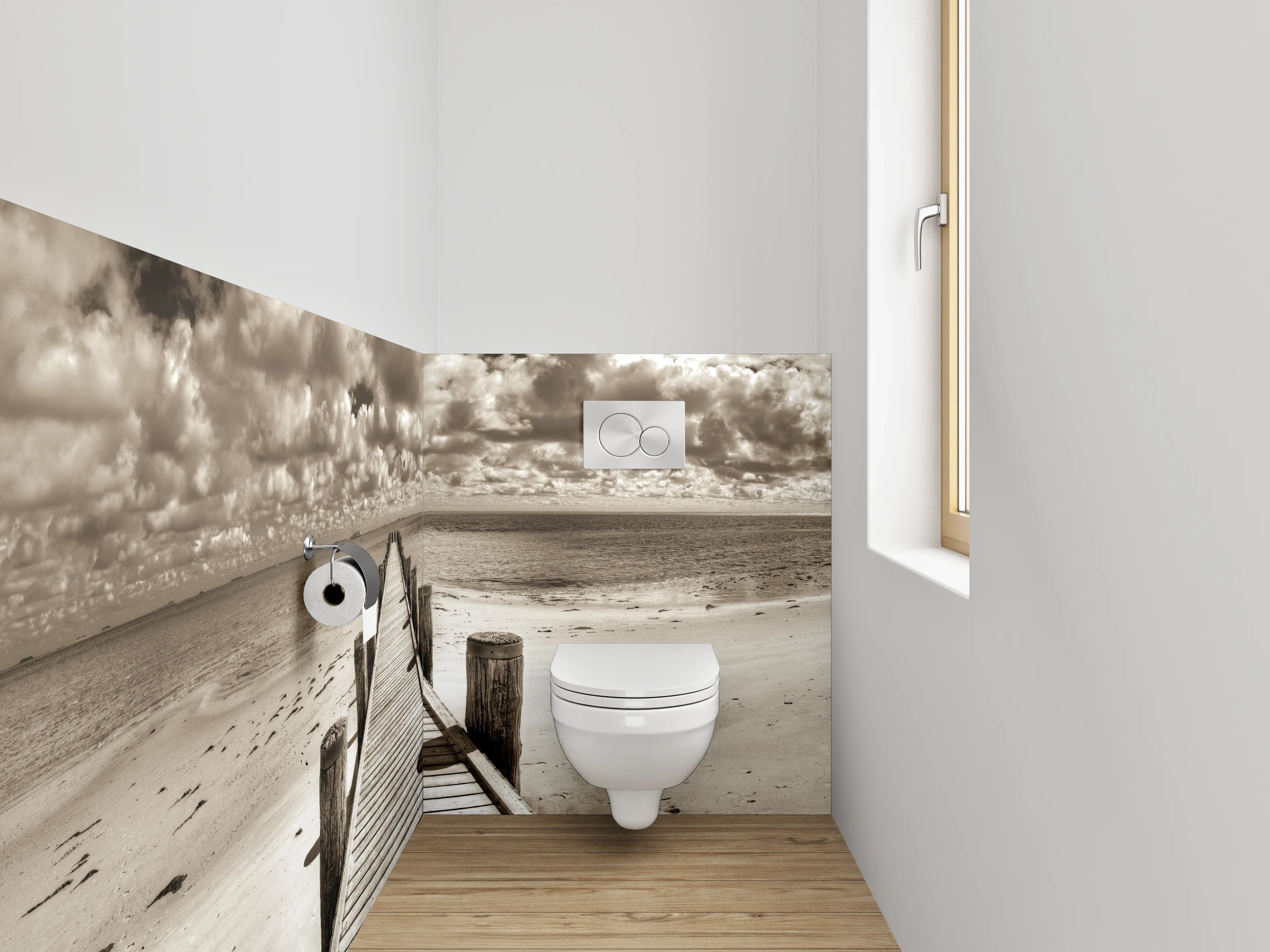 WC-Rückwand - Steg am sepiafarbenen Strand