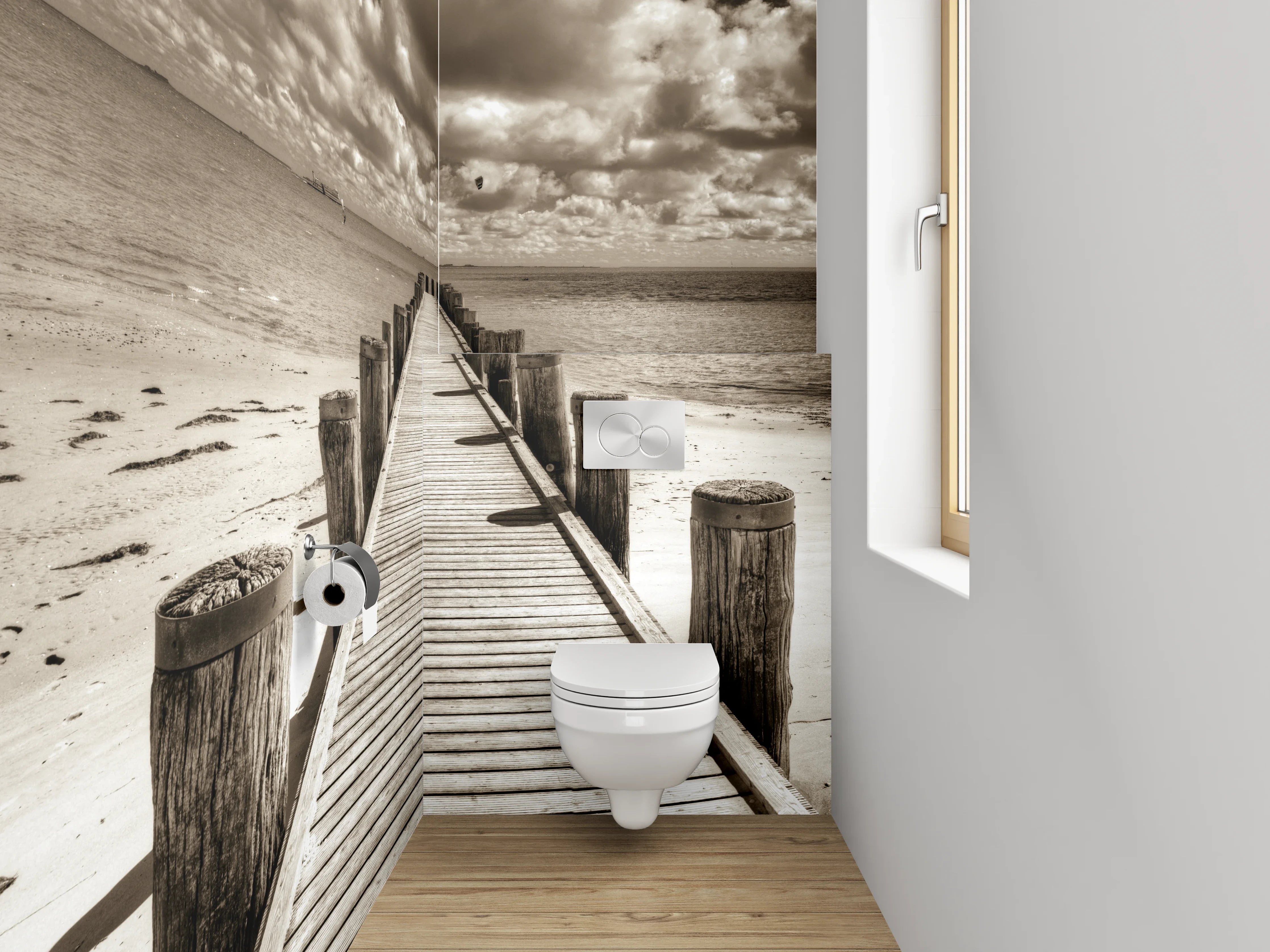 WC-Rückwand - Steg am sepiafarbenen Strand