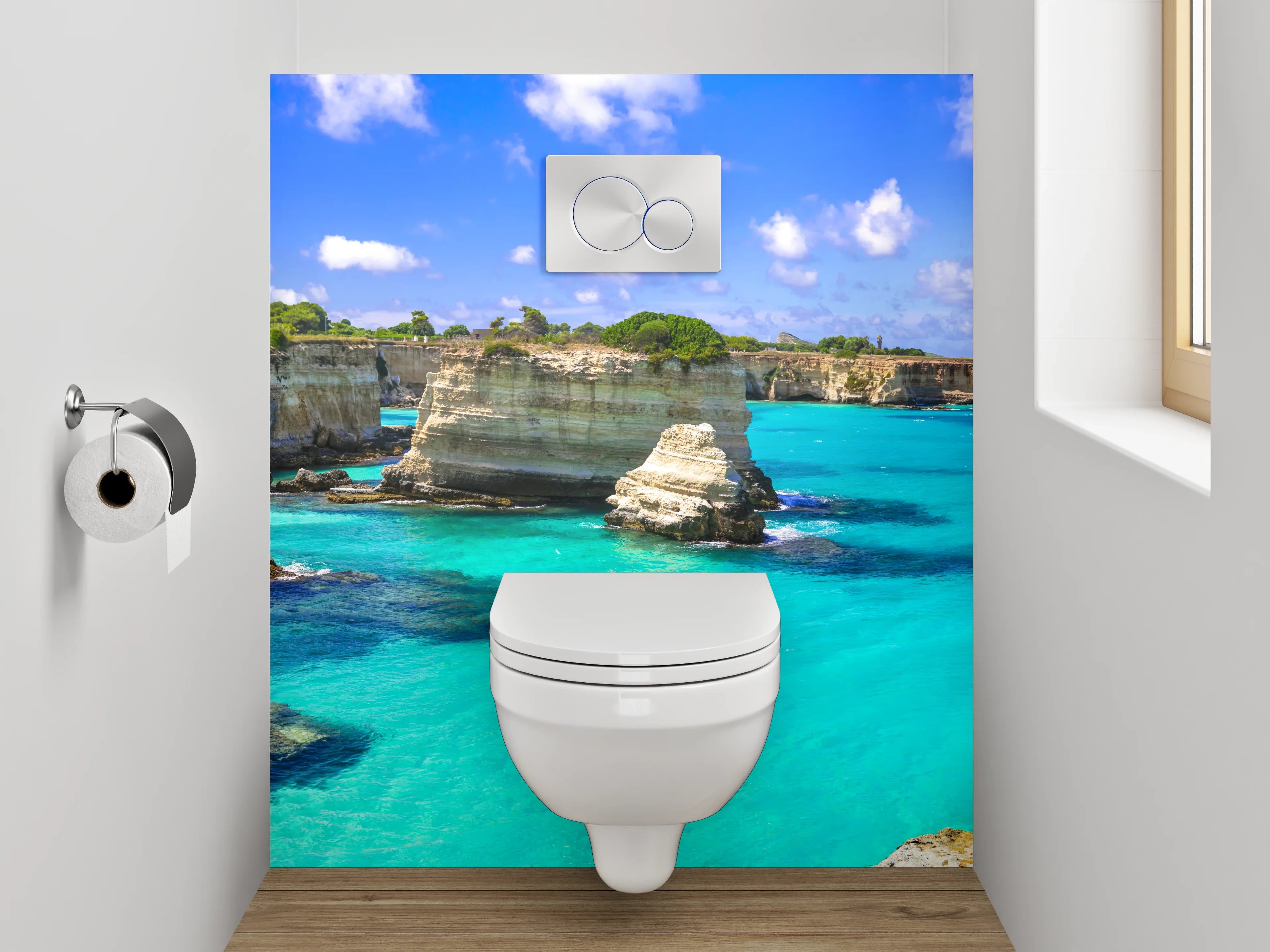 WC-Rückwand - Steilküste mit türkisblauem Meer