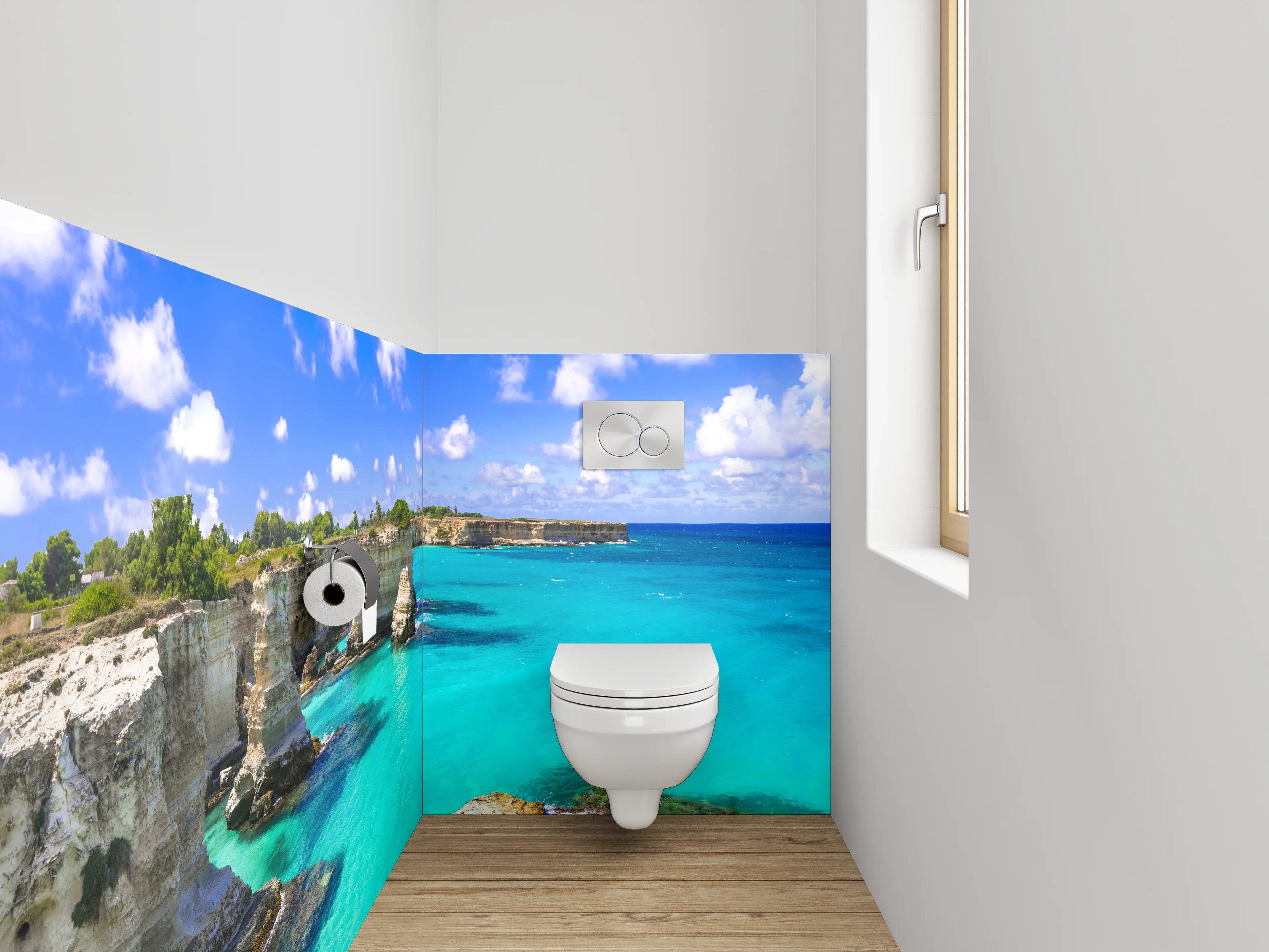 WC-Rückwand - Steilküste mit türkisblauem Meer