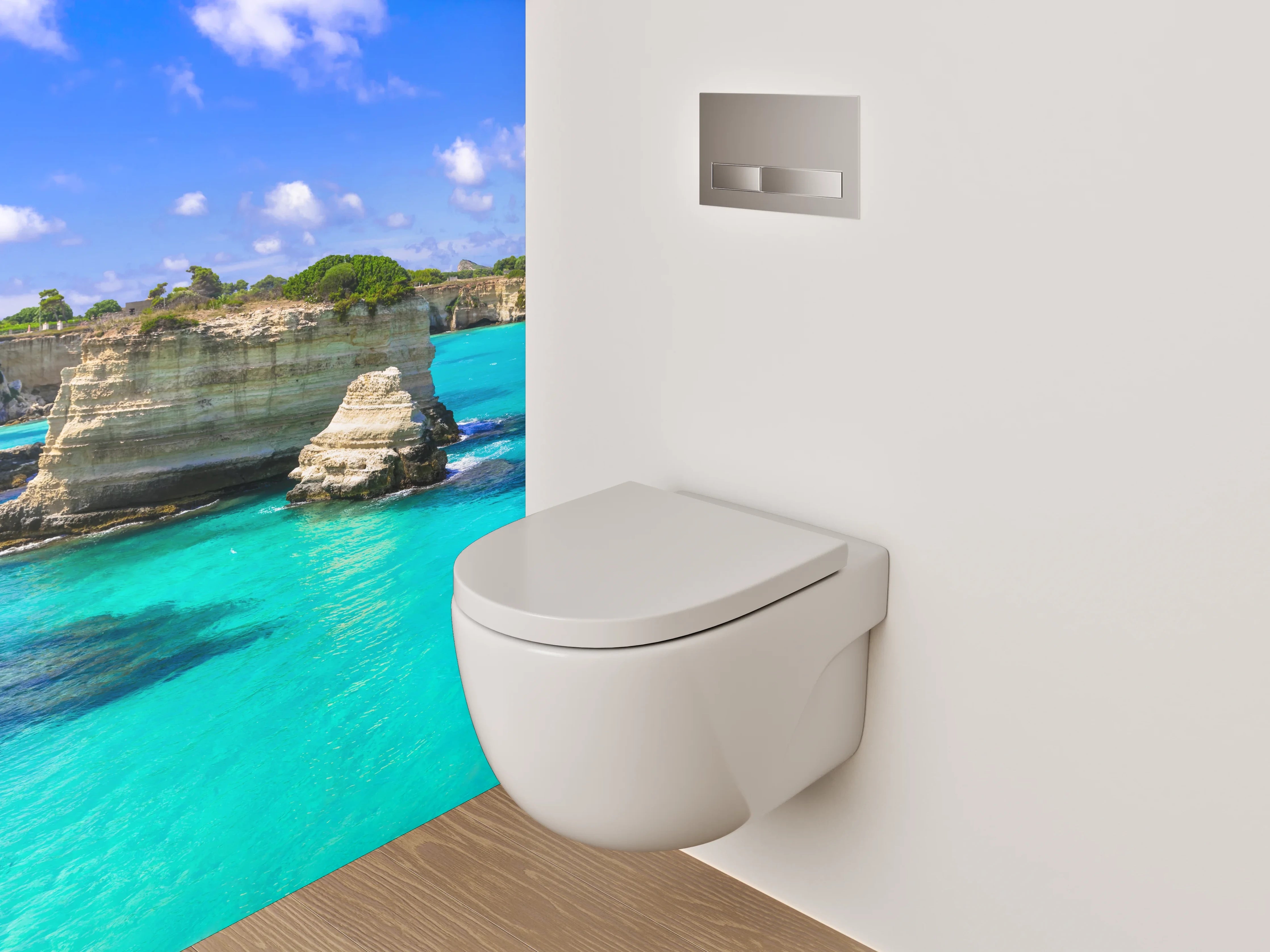 WC-Rückwand - Steilküste mit türkisblauem Meer