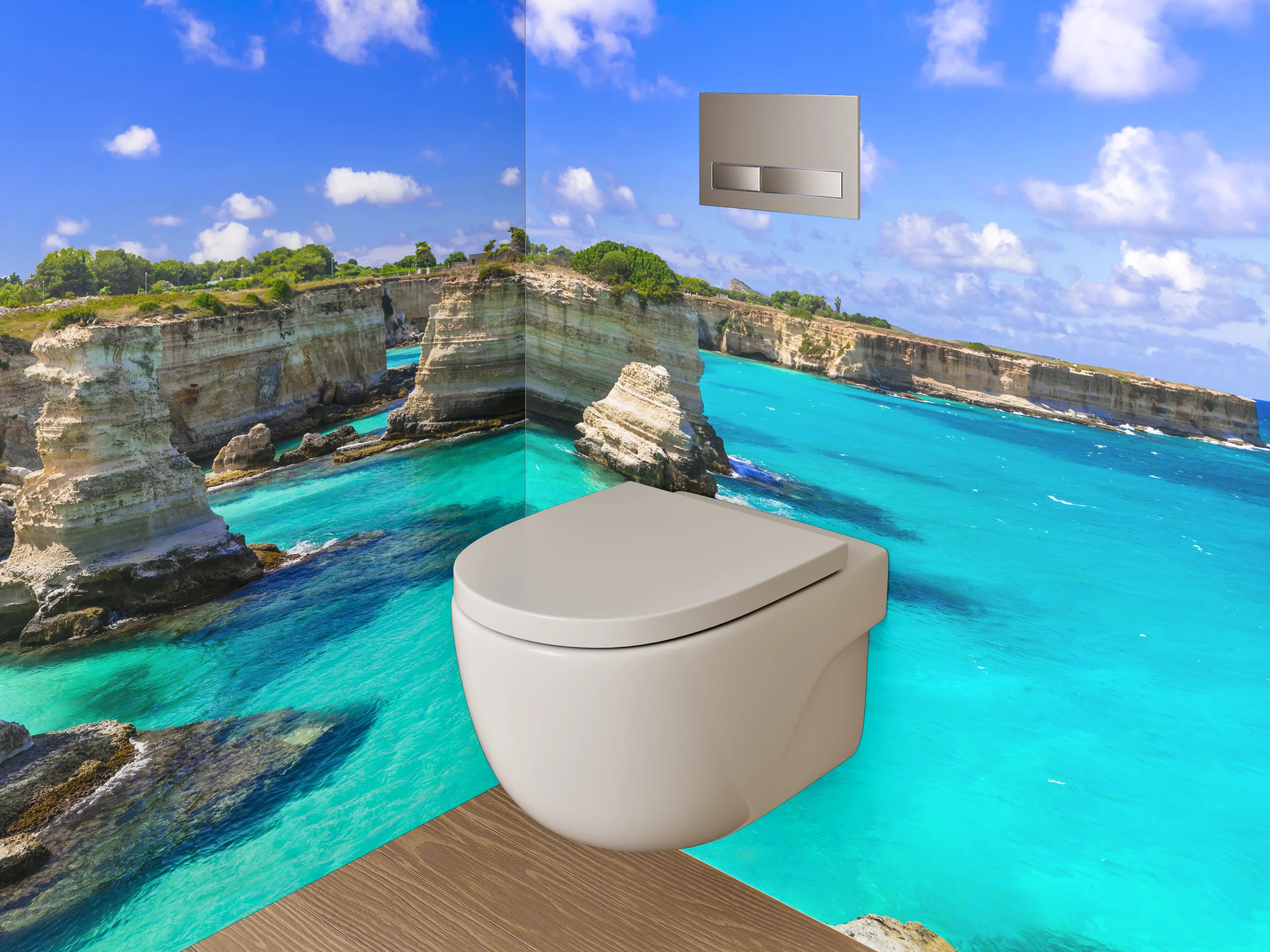 WC-Rückwand - Steilküste mit türkisblauem Meer