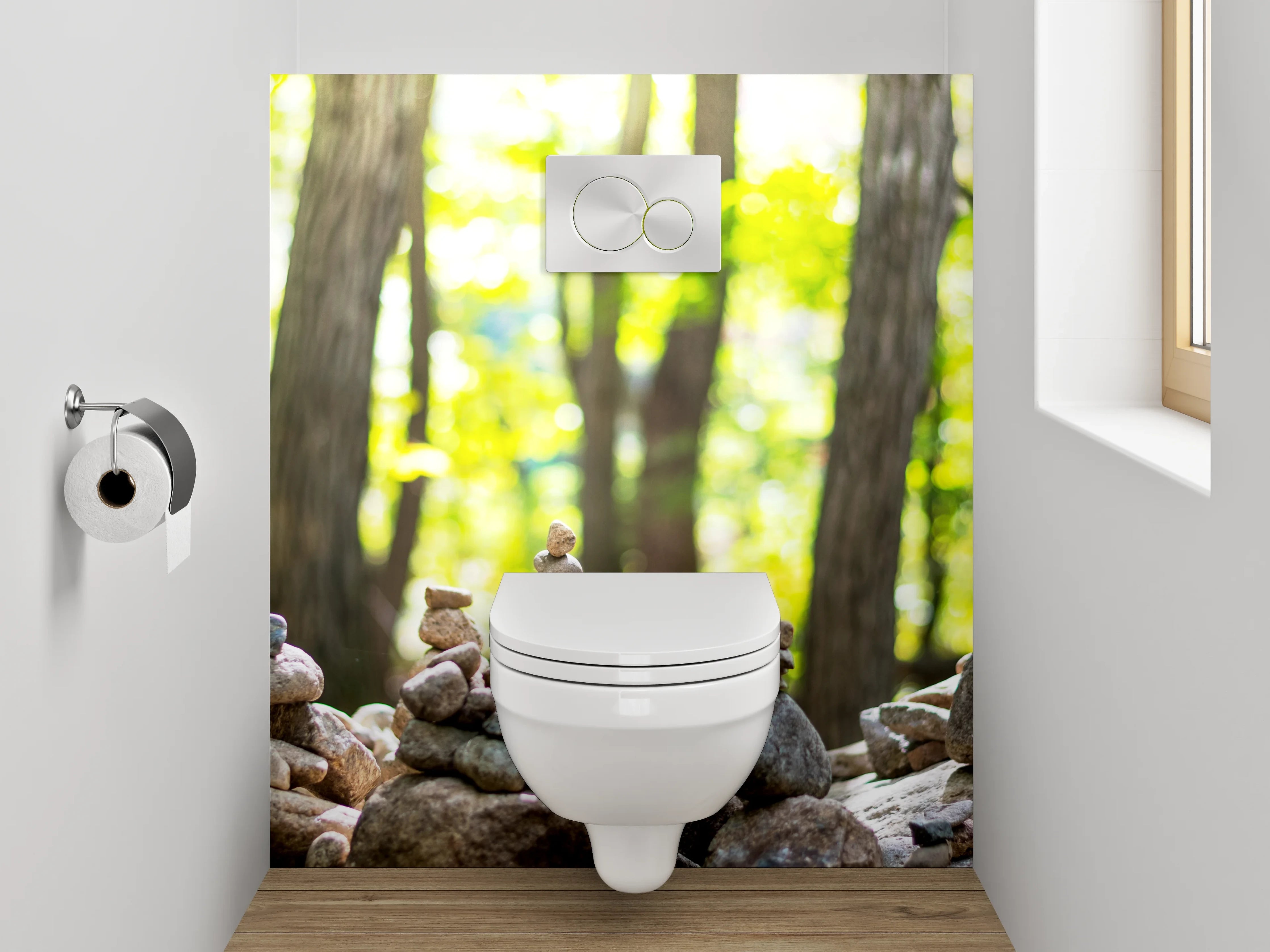 WC-Rückwand - Steinpyramiden im Wald – Zen-Motiv