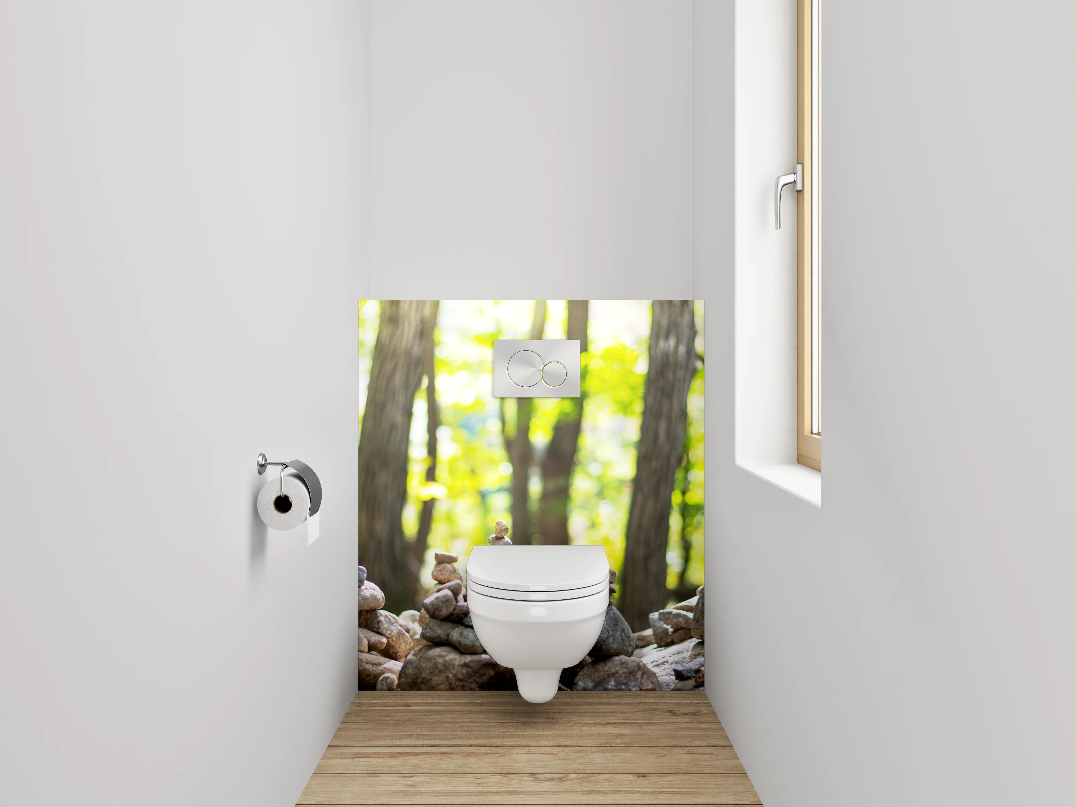 WC-Rückwand - Steinpyramiden im Wald – Zen-Motiv
