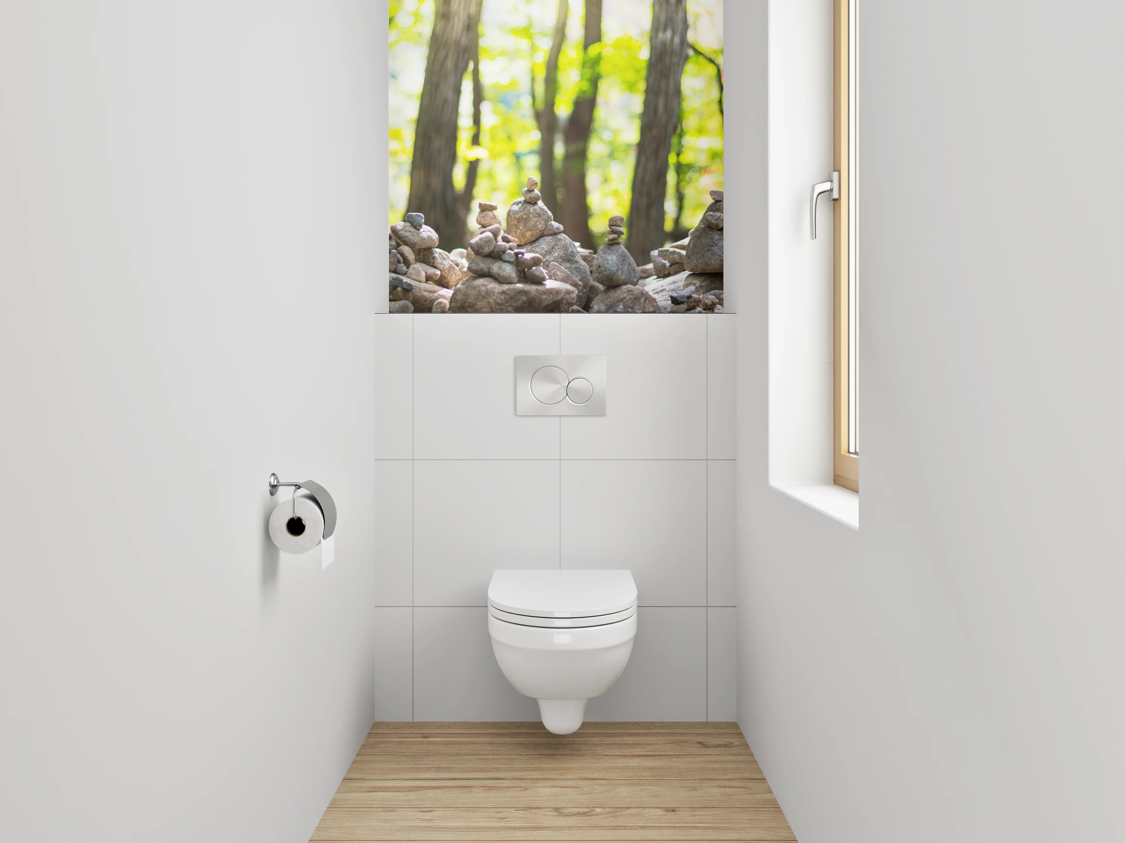 WC-Rückwand - Steinpyramiden im Wald – Zen-Motiv