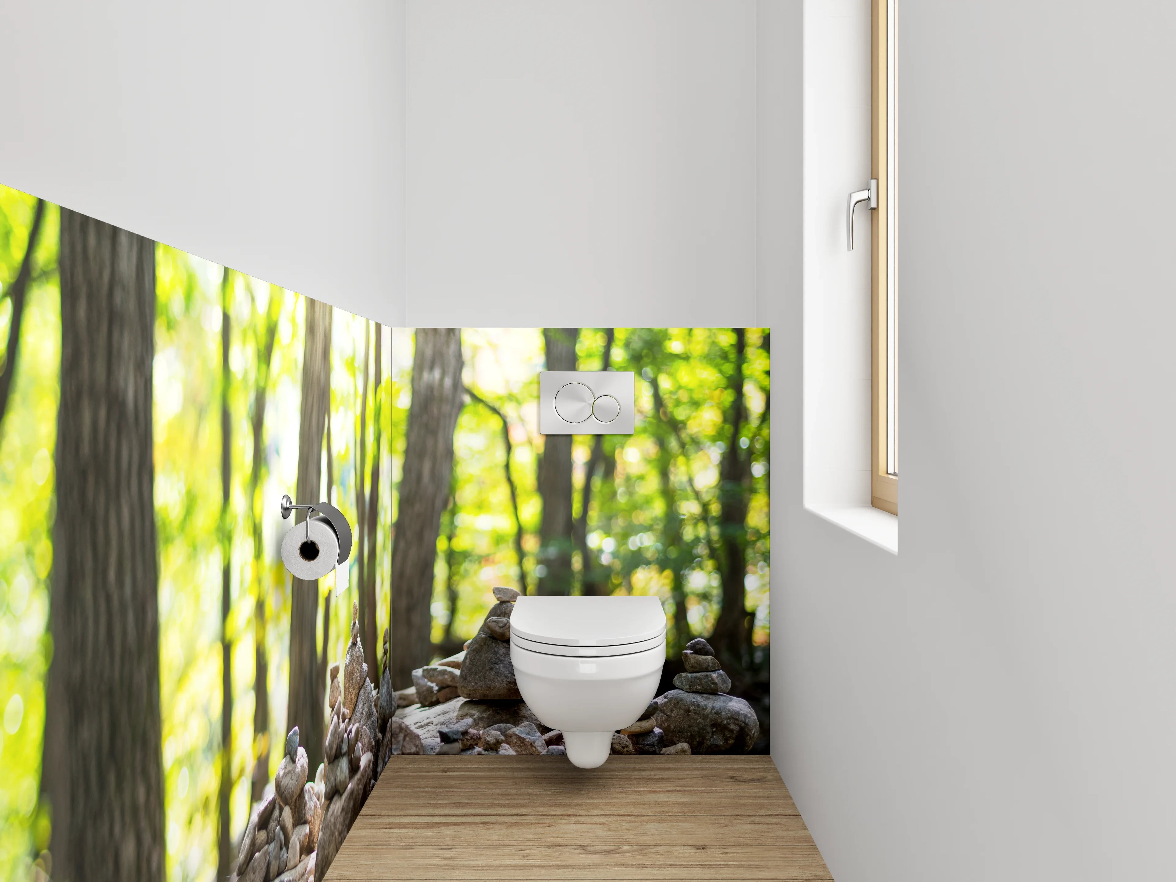 WC-Rückwand - Steinpyramiden im Wald – Zen-Motiv