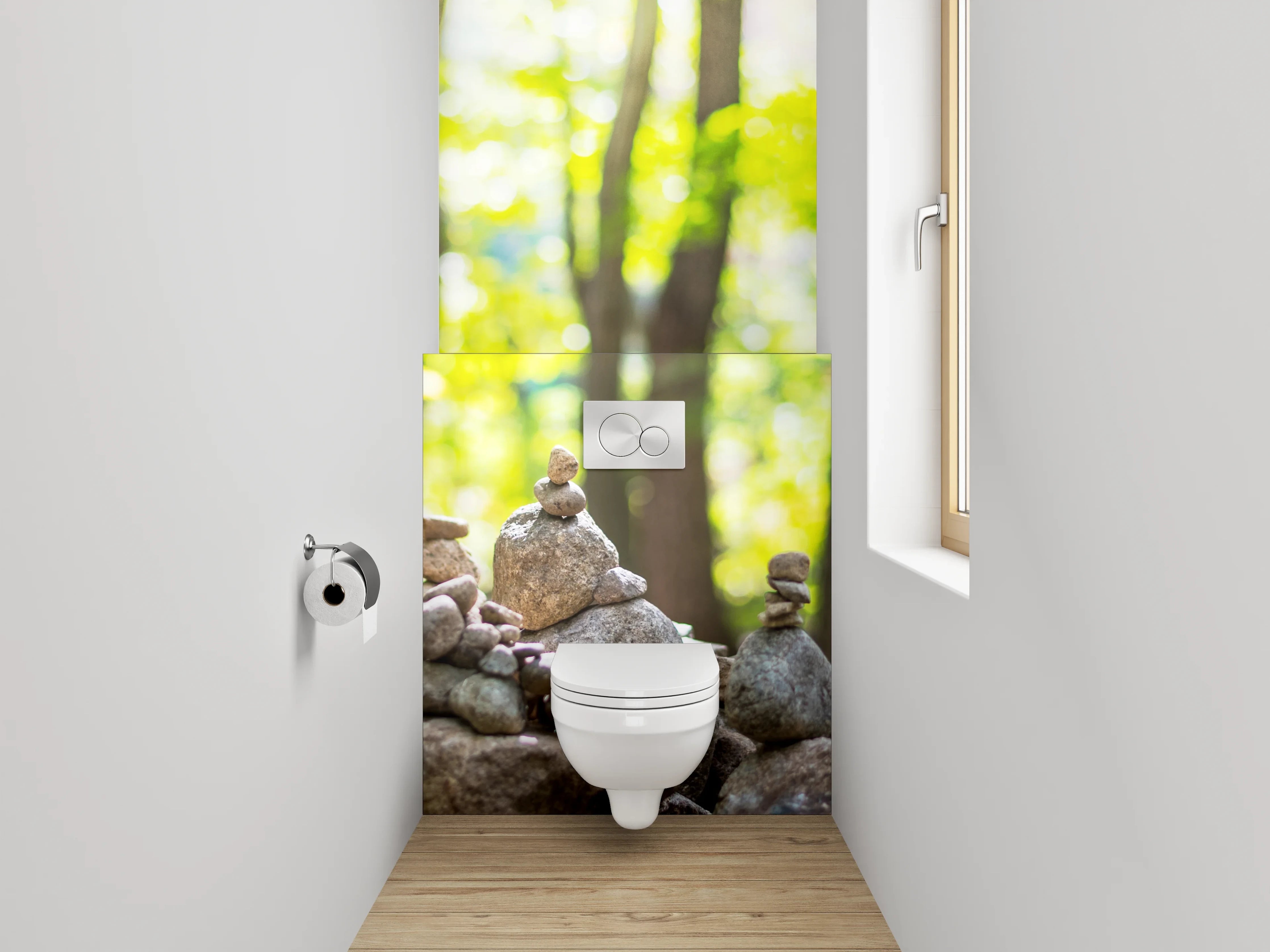 WC-Rückwand - Steinpyramiden im Wald – Zen-Motiv