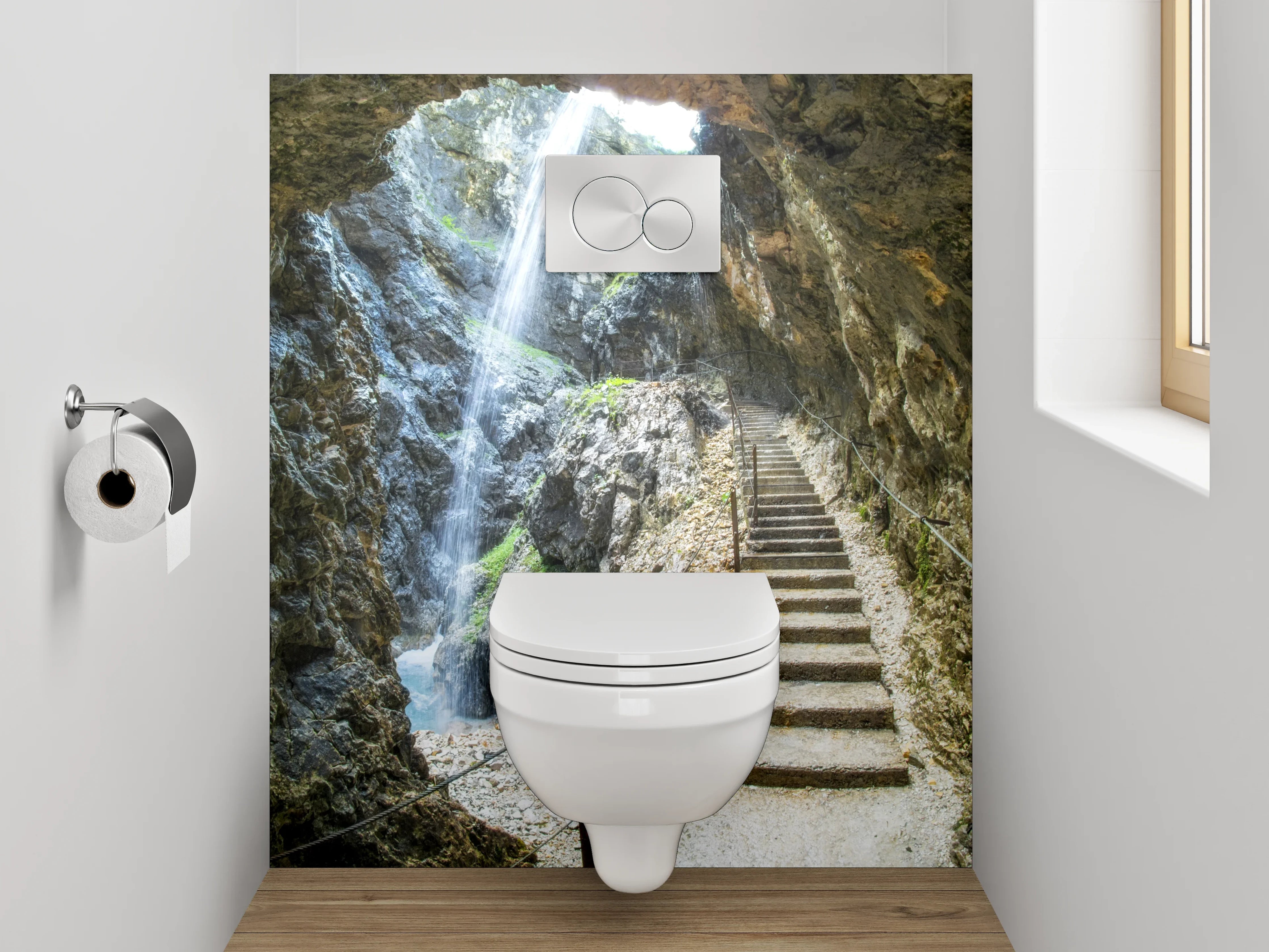 WC-Rückwand - Steintreppe in Felsenschlucht mit Wasserfall