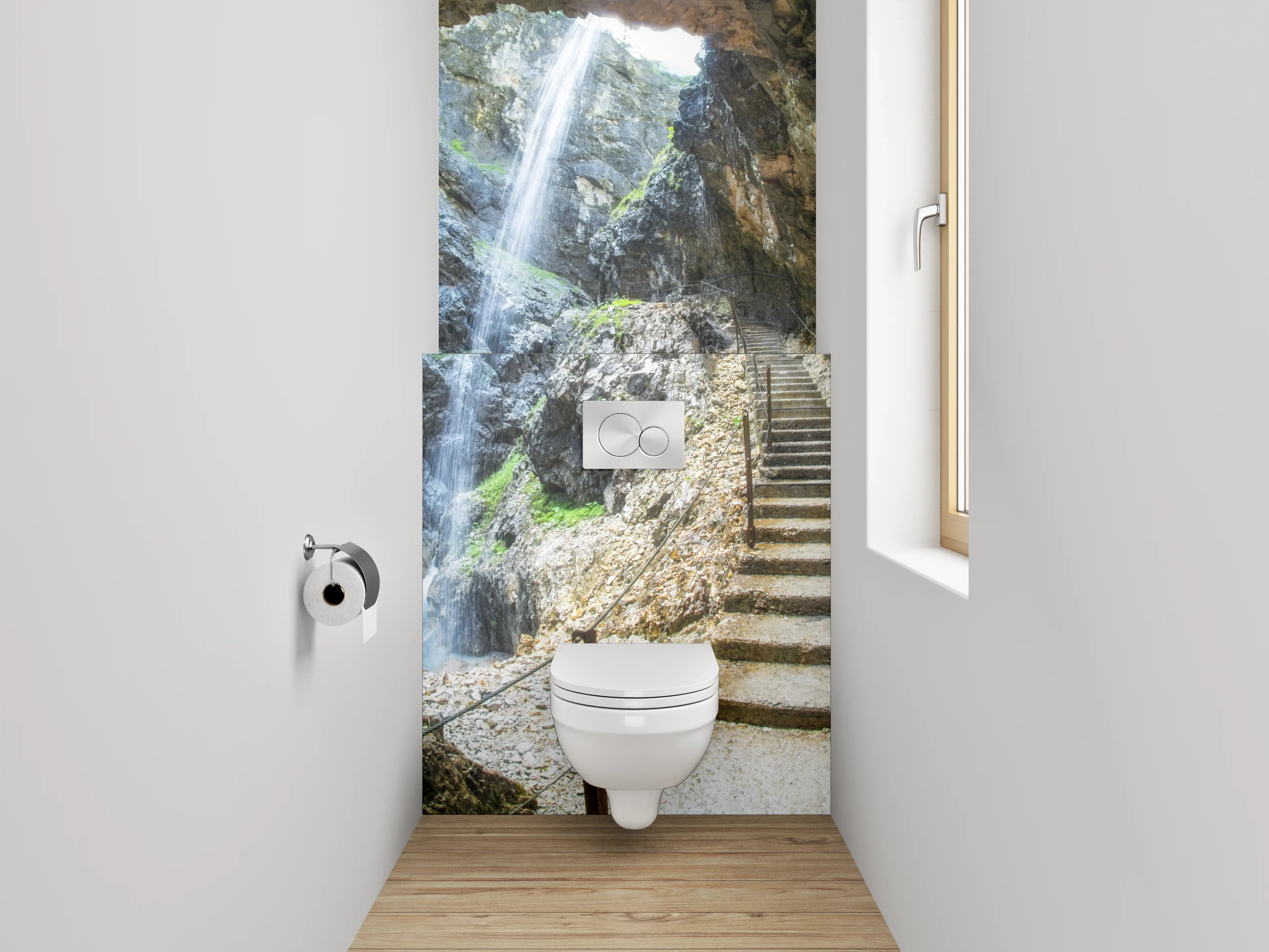 WC-Rückwand - Steintreppe in Felsenschlucht mit Wasserfall