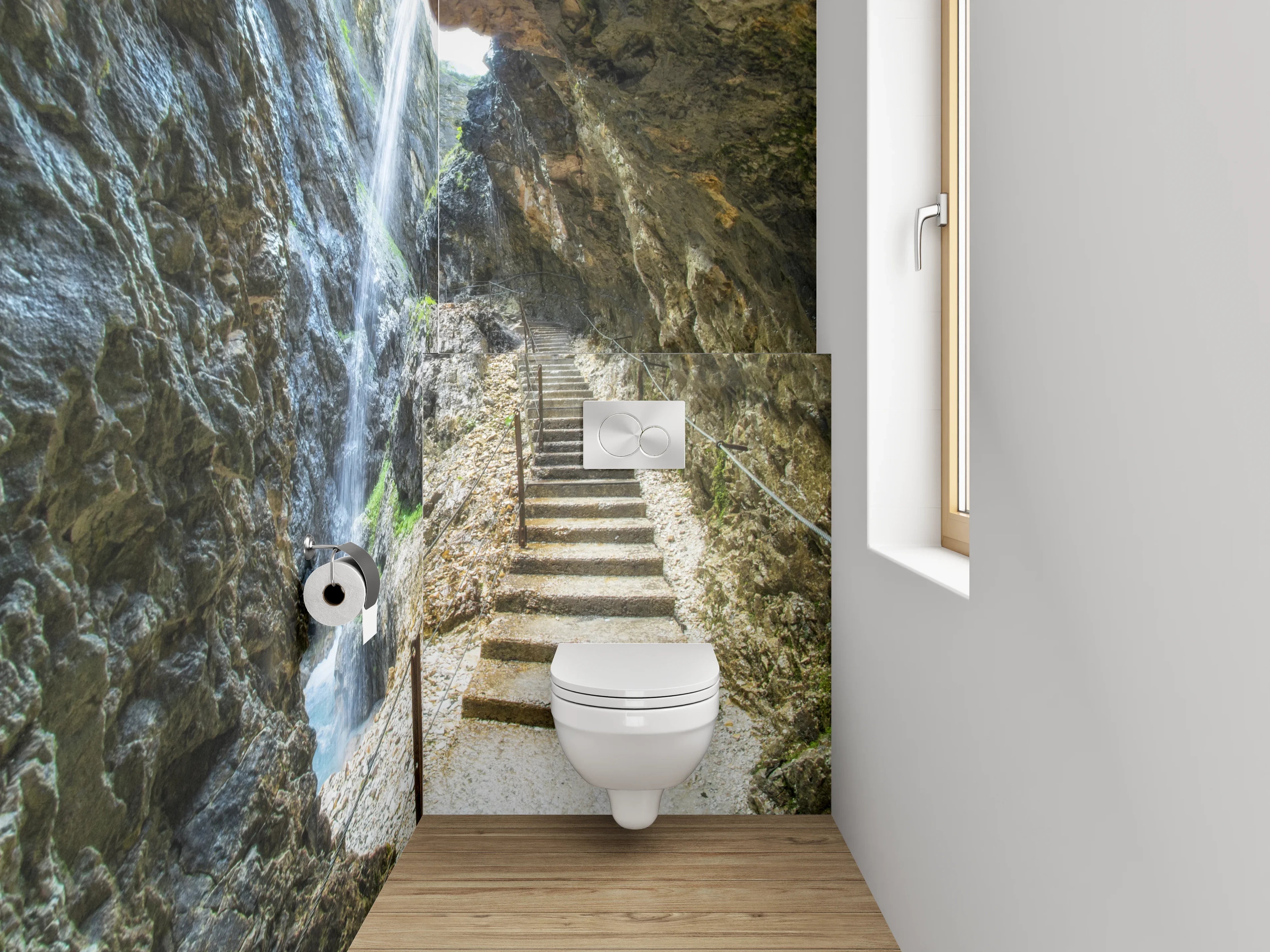 WC-Rückwand - Steintreppe in Felsenschlucht mit Wasserfall