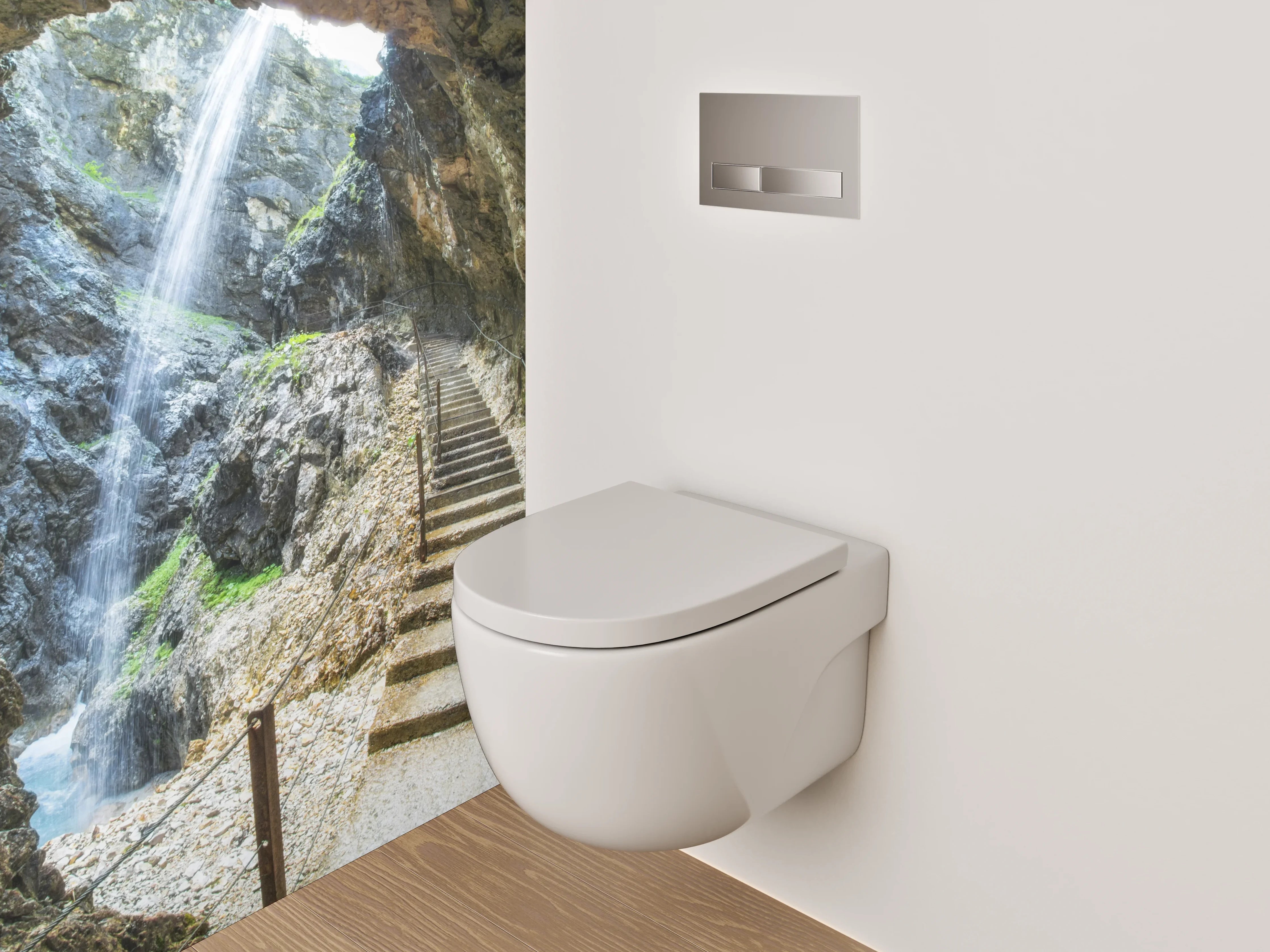 WC-Rückwand - Steintreppe in Felsenschlucht mit Wasserfall