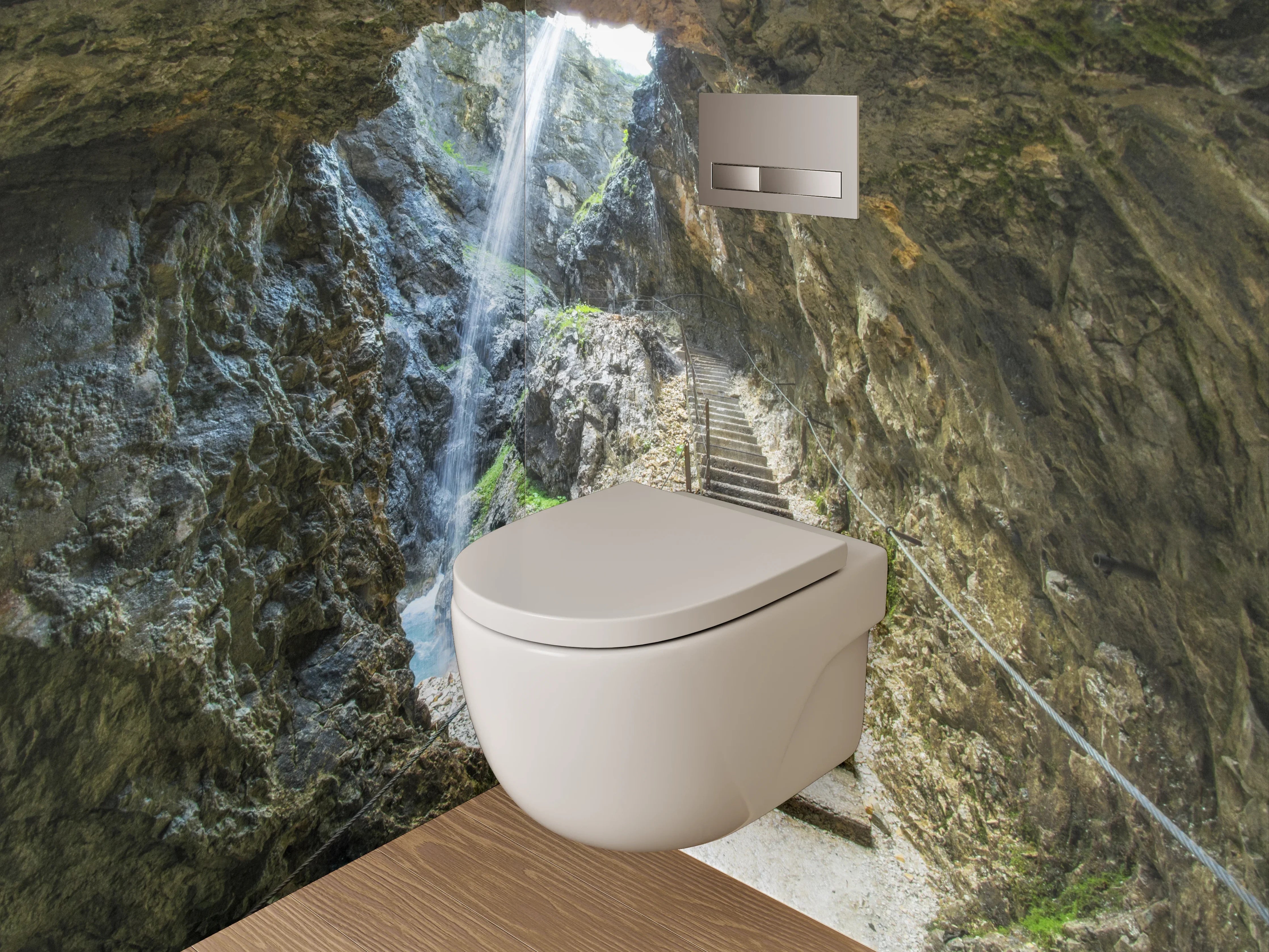 WC-Rückwand - Steintreppe in Felsenschlucht mit Wasserfall