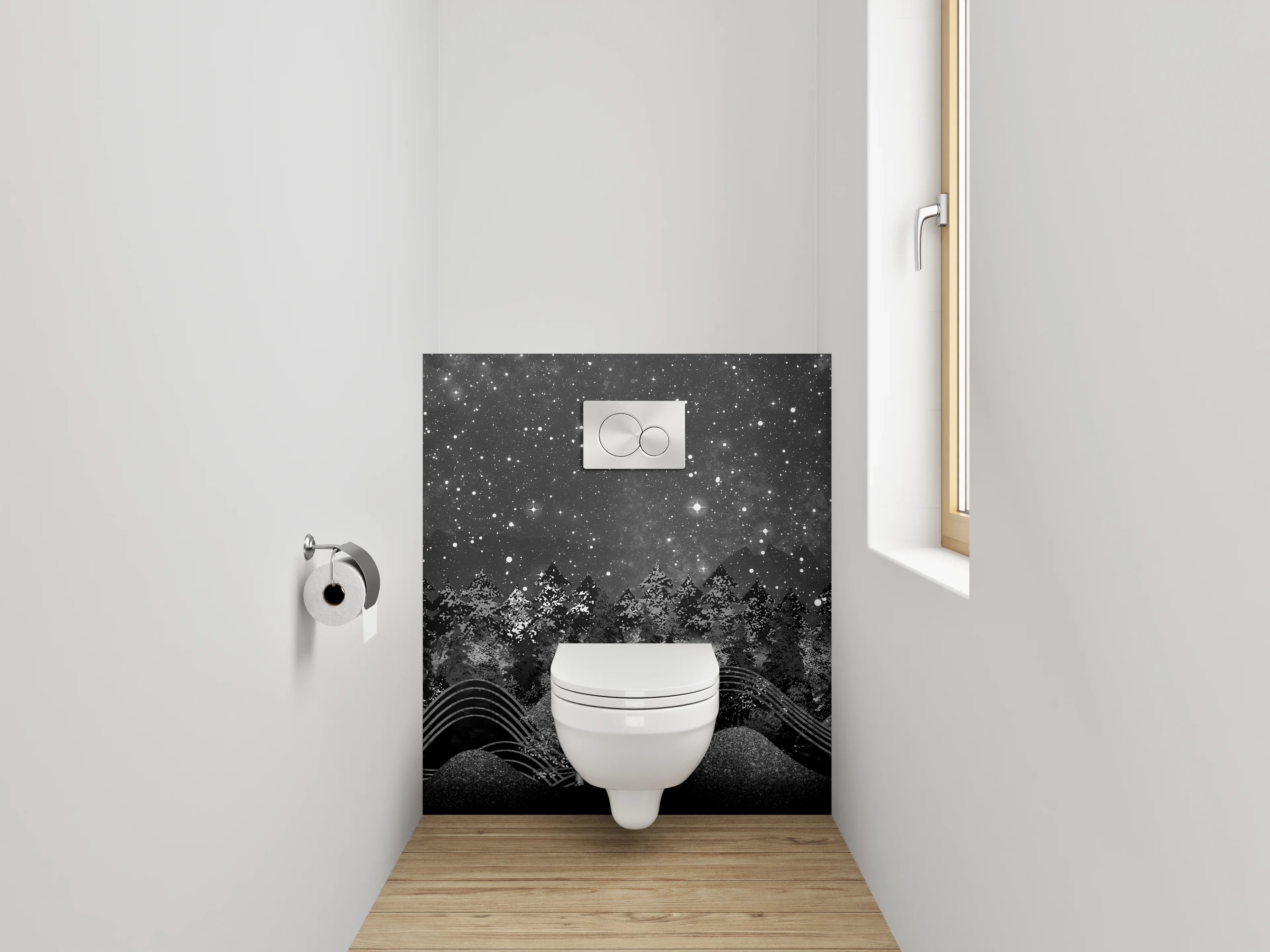 WC-Rückwand - Sternenhimmel Waldnacht Schwarz-Weiß Kunst