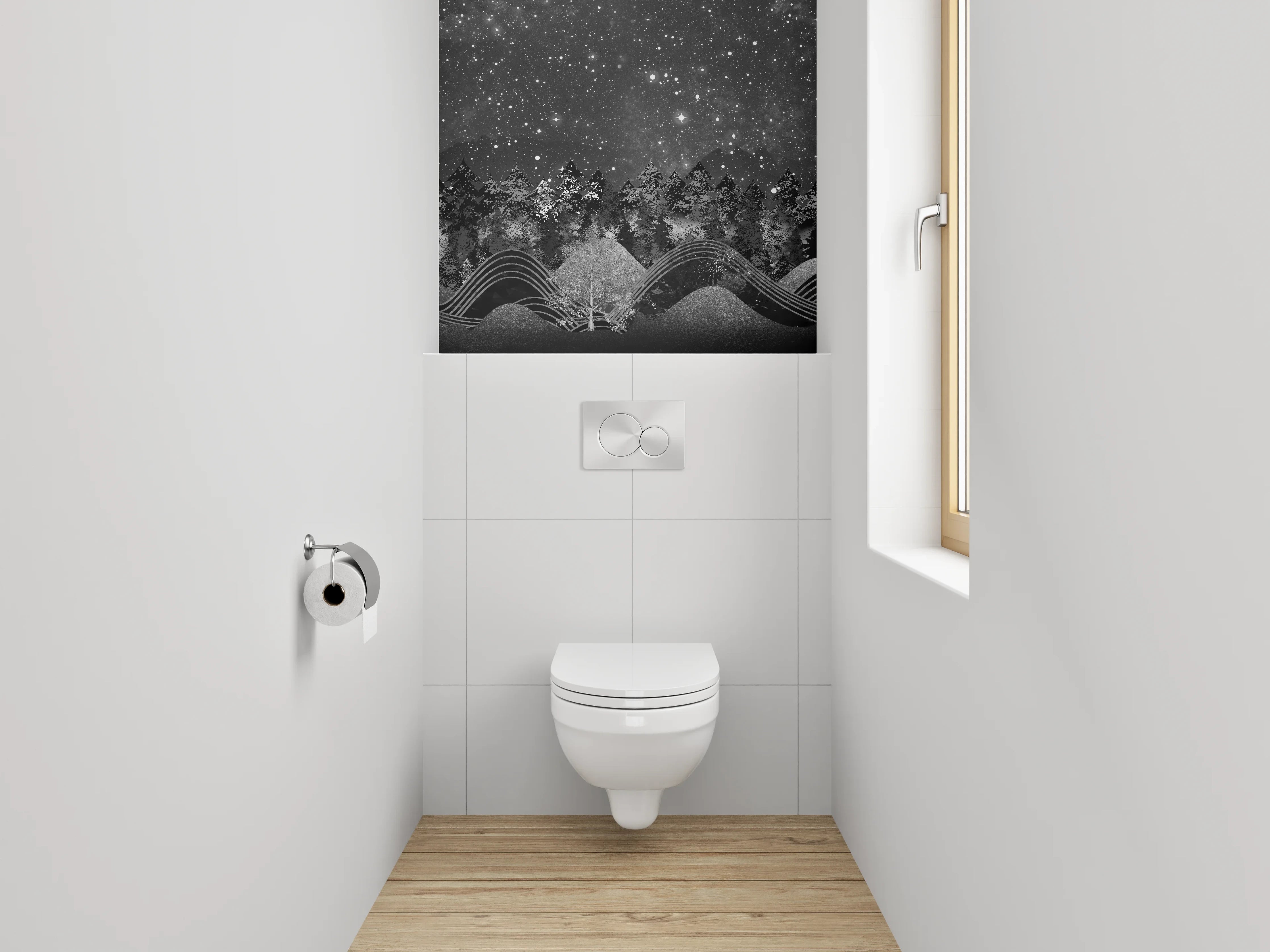 WC-Rückwand - Sternenhimmel Waldnacht Schwarz-Weiß Kunst