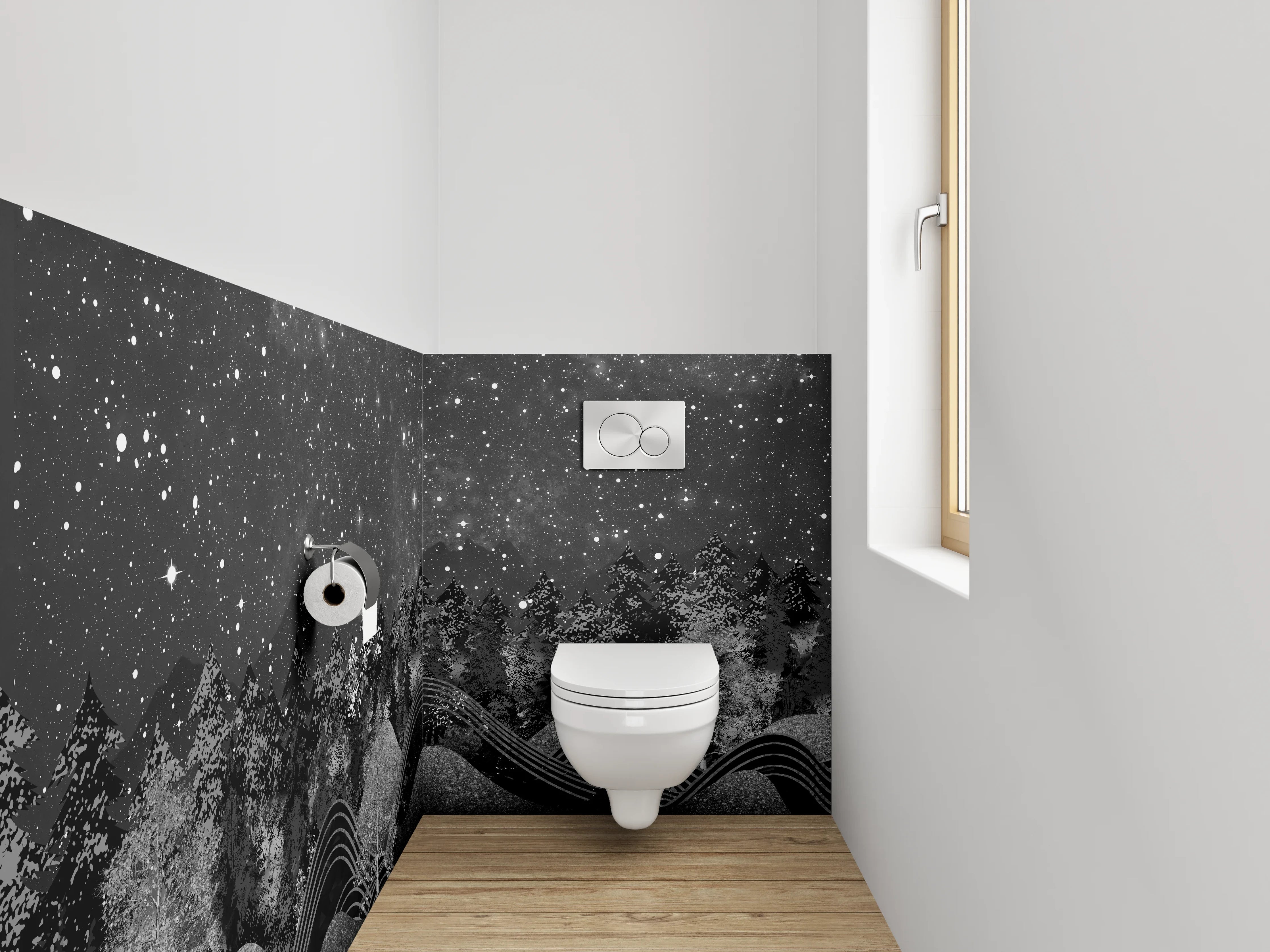 WC-Rückwand - Sternenhimmel Waldnacht Schwarz-Weiß Kunst