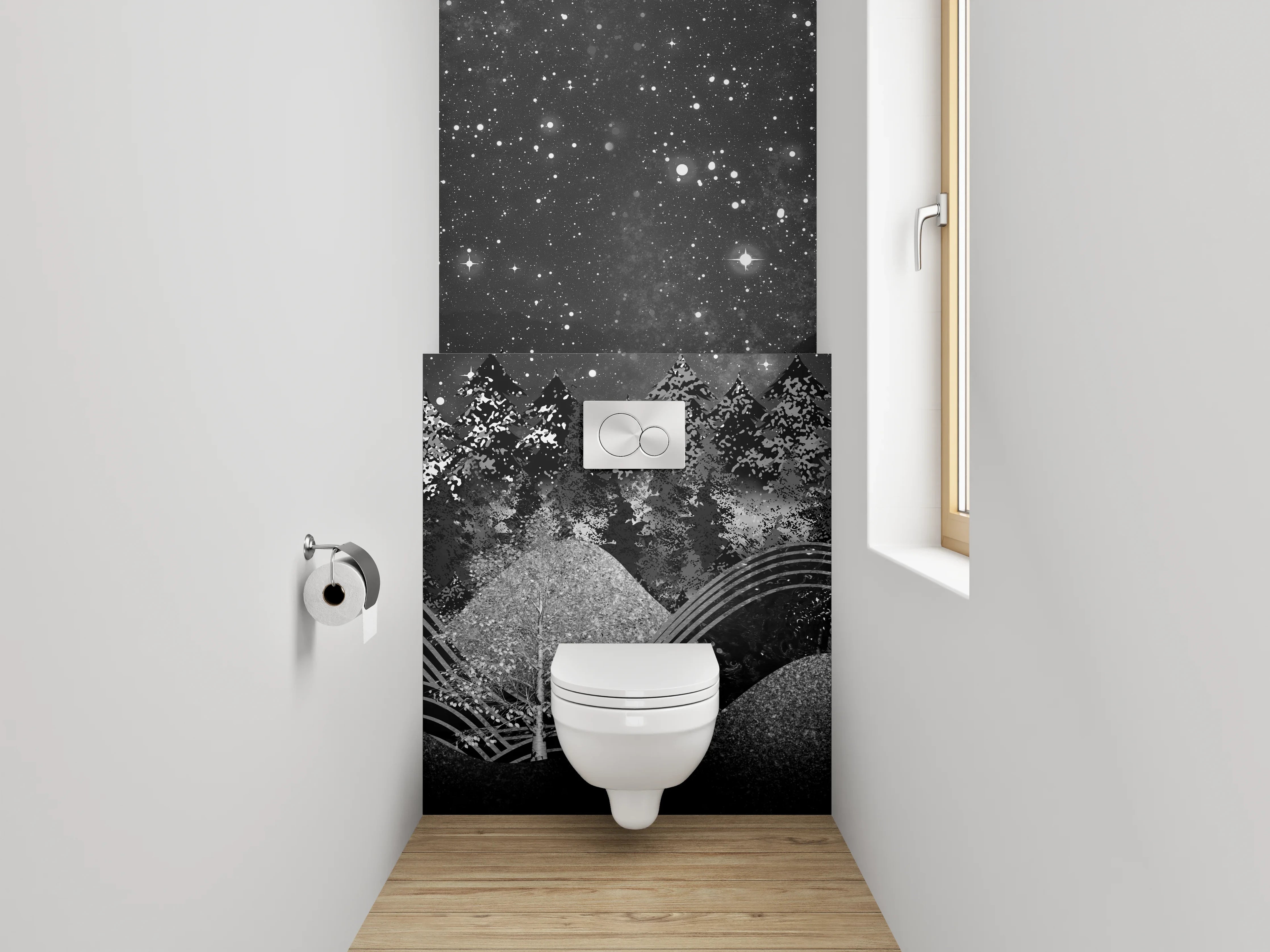 WC-Rückwand - Sternenhimmel Waldnacht Schwarz-Weiß Kunst