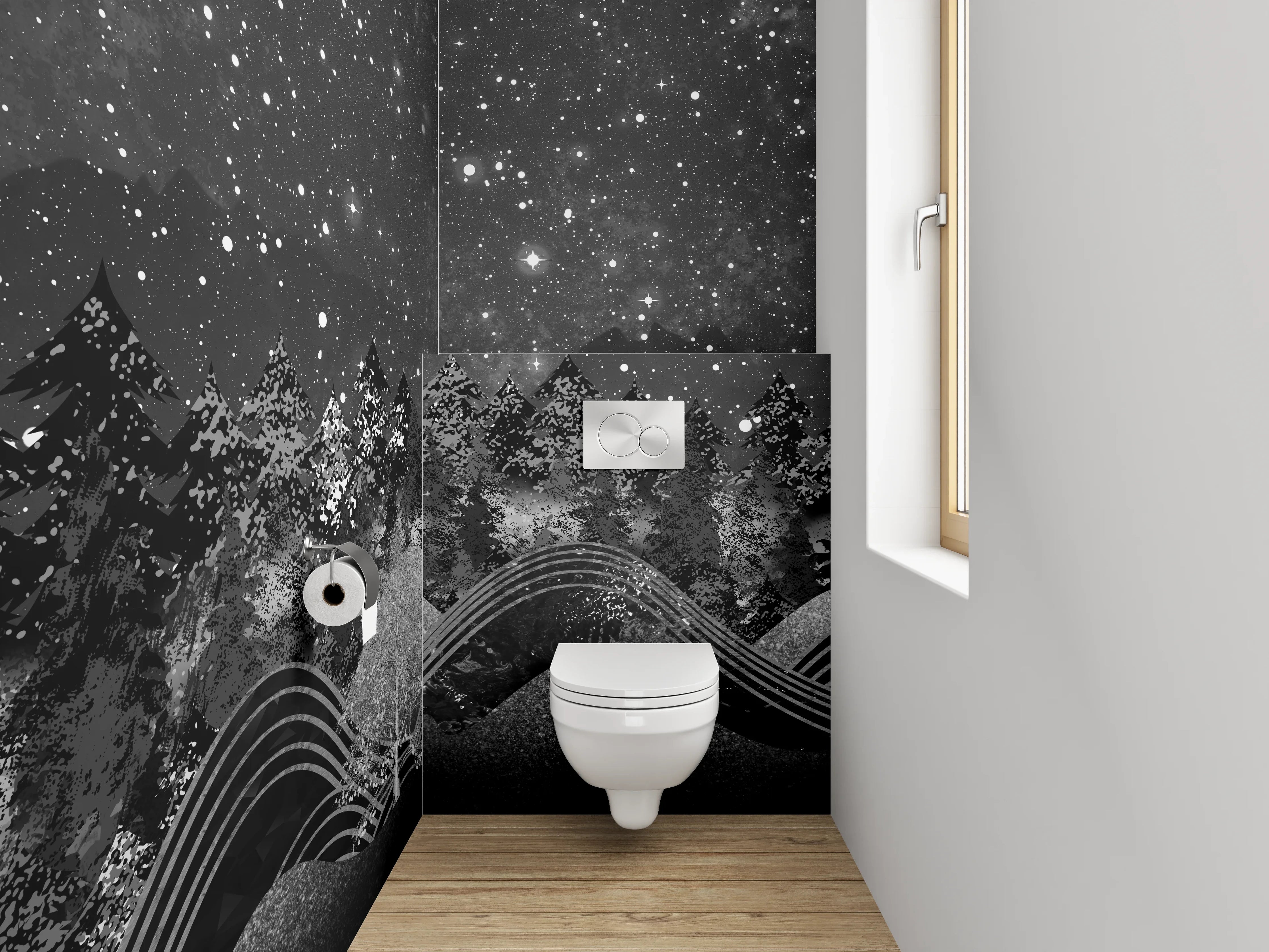 WC-Rückwand - Sternenhimmel Waldnacht Schwarz-Weiß Kunst